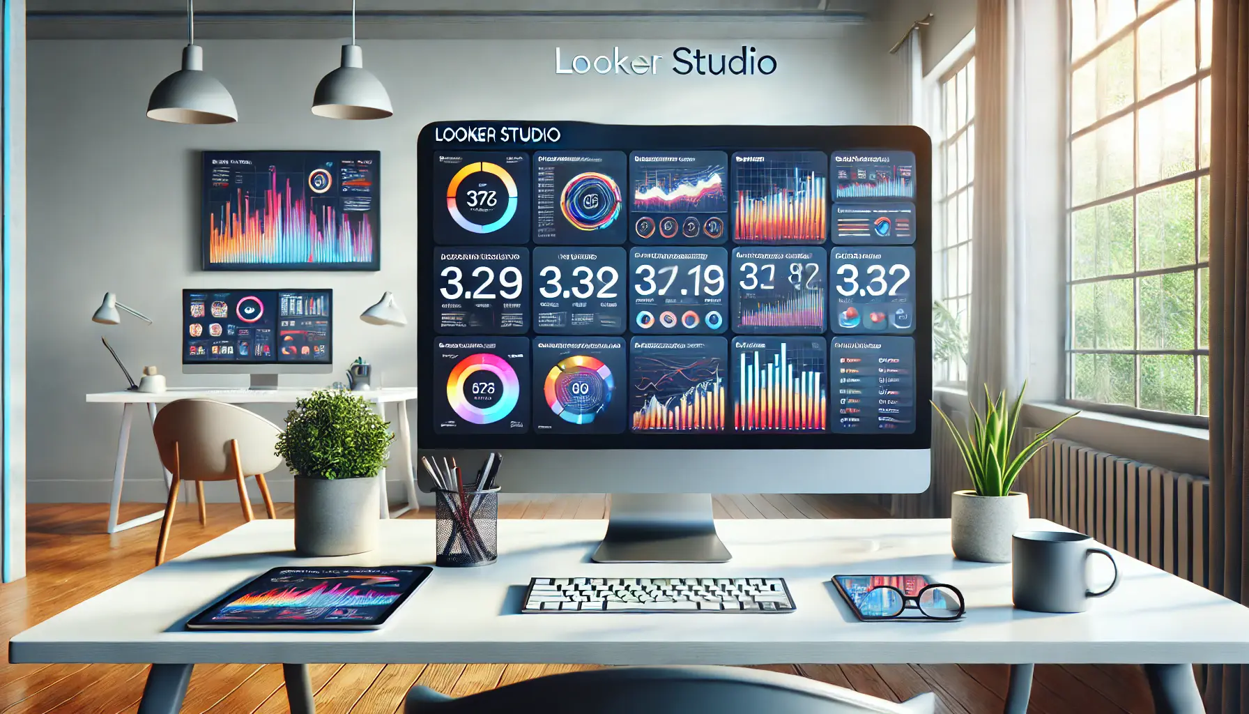 A professional digital workspace with a computer displaying Looker Studio dashboards featuring interactive, colorful data visualizations of ad performance metrics.