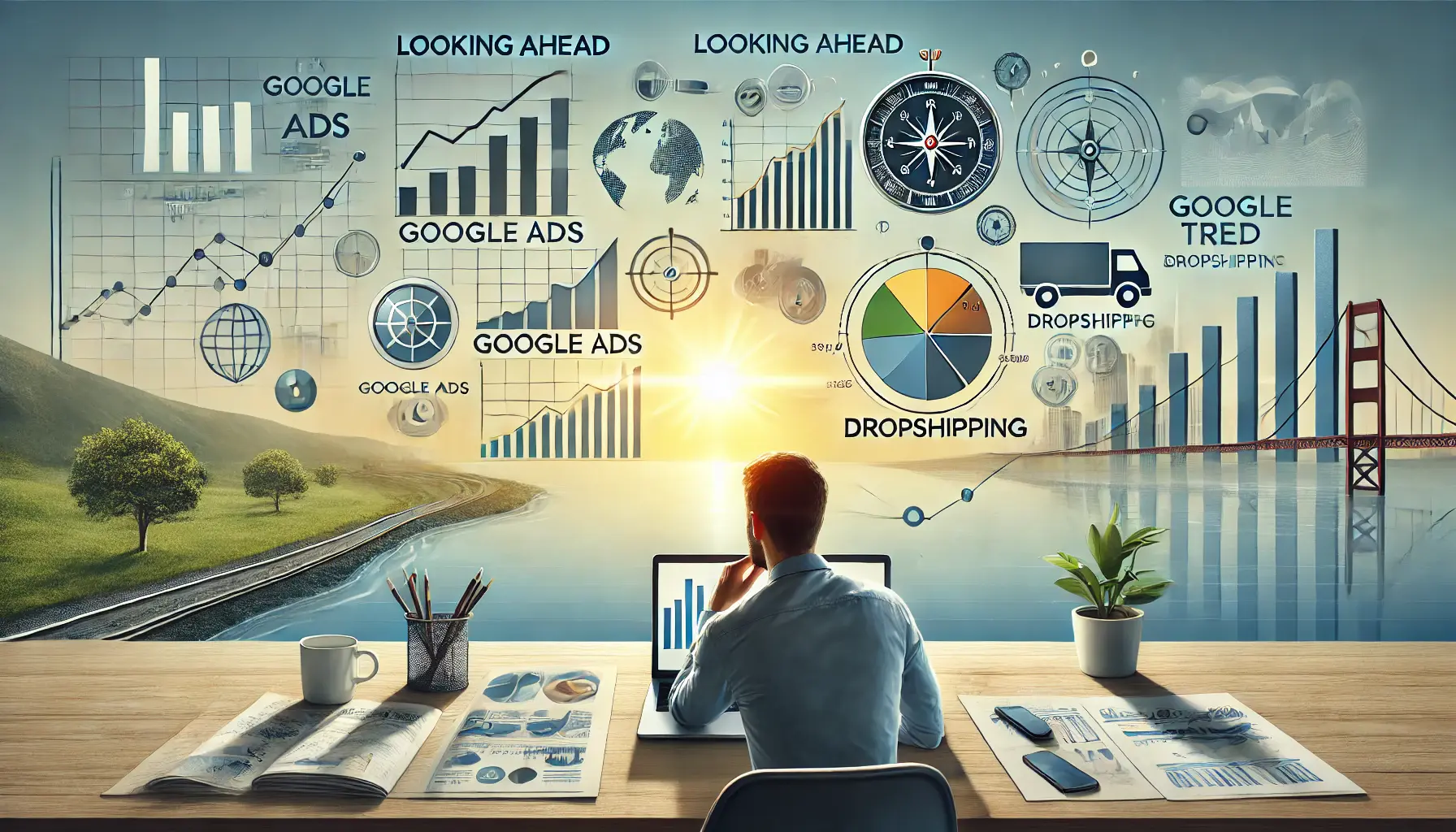 A person sitting at a desk, looking thoughtfully at a laptop displaying future trends and analytics, with a roadmap and compass symbolizing forward-thinking.