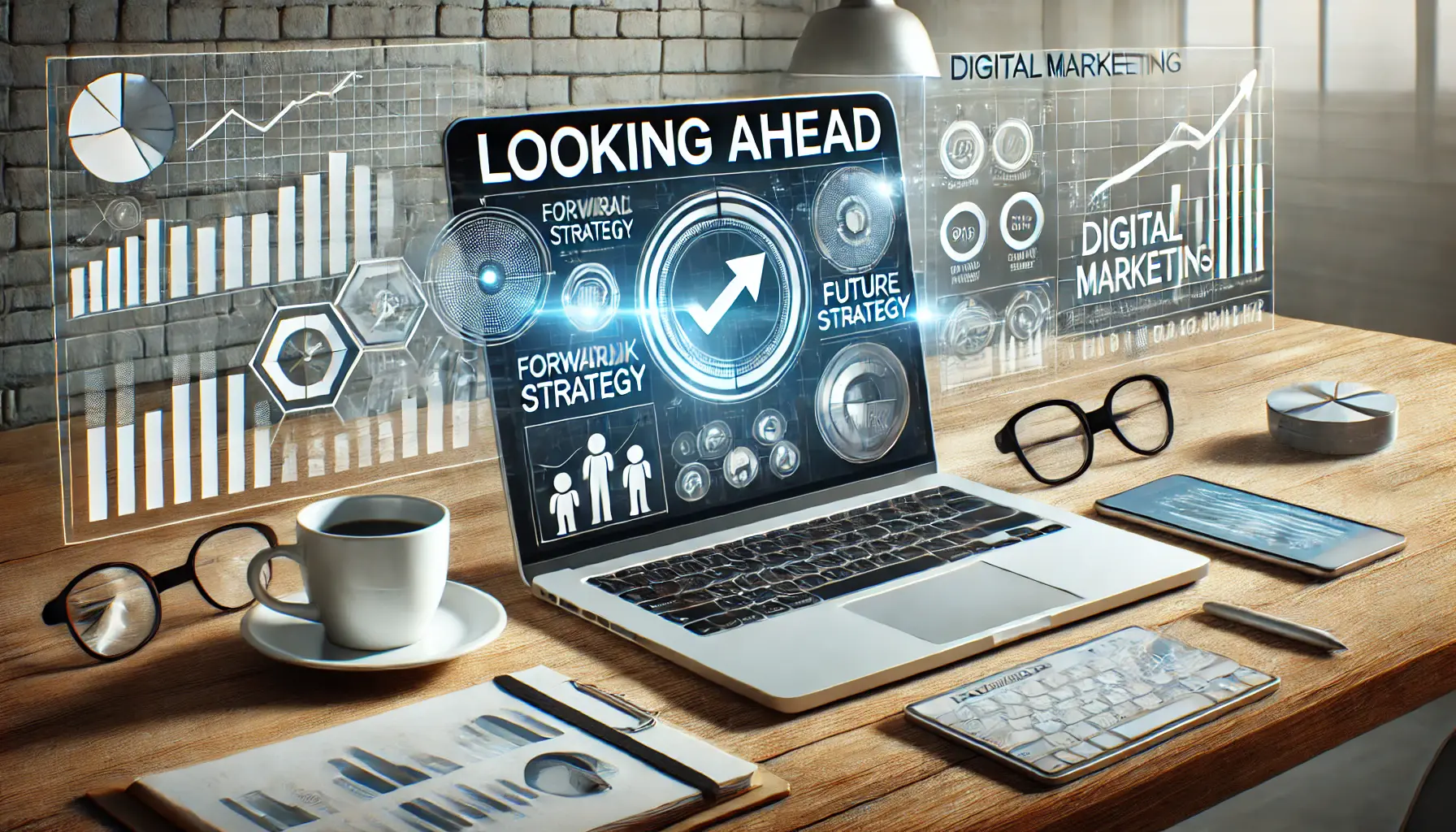 A digital marketing workspace with a laptop displaying a strategy dashboard with charts and graphs projecting growth and future performance.