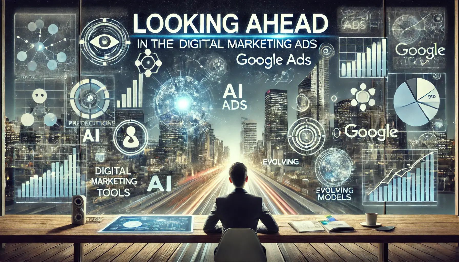 A digital marketing workspace focusing on future trends, data projections, and predictive analytics for Google Ads.