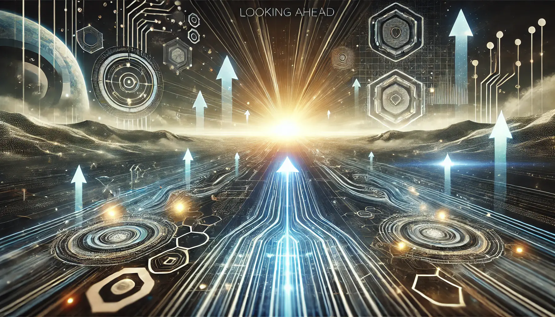 Futuristic representation of looking ahead in digital marketing with glowing pathways and forward-facing arrows.