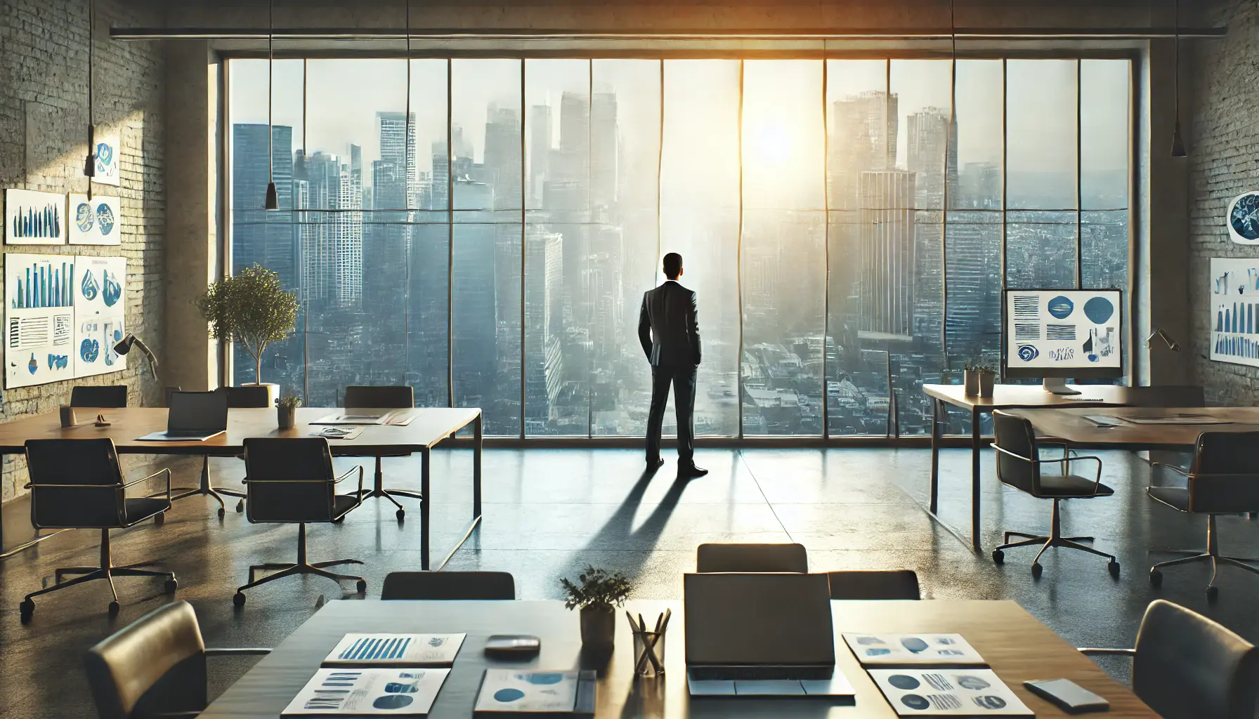 A digital marketer standing by a window in a modern office, gazing out at a city skyline, symbolizing forward-thinking and future planning in digital marketing.