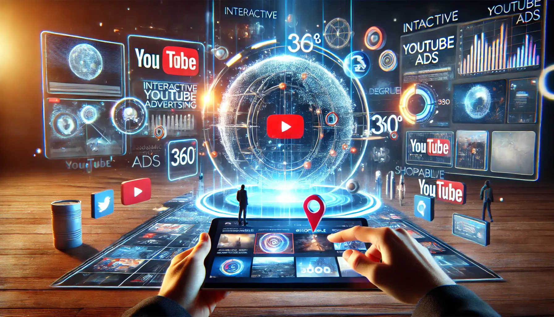 A user interacting with a futuristic YouTube ad interface featuring dynamic video content, 360-degree experiences, and shoppable hotspots.