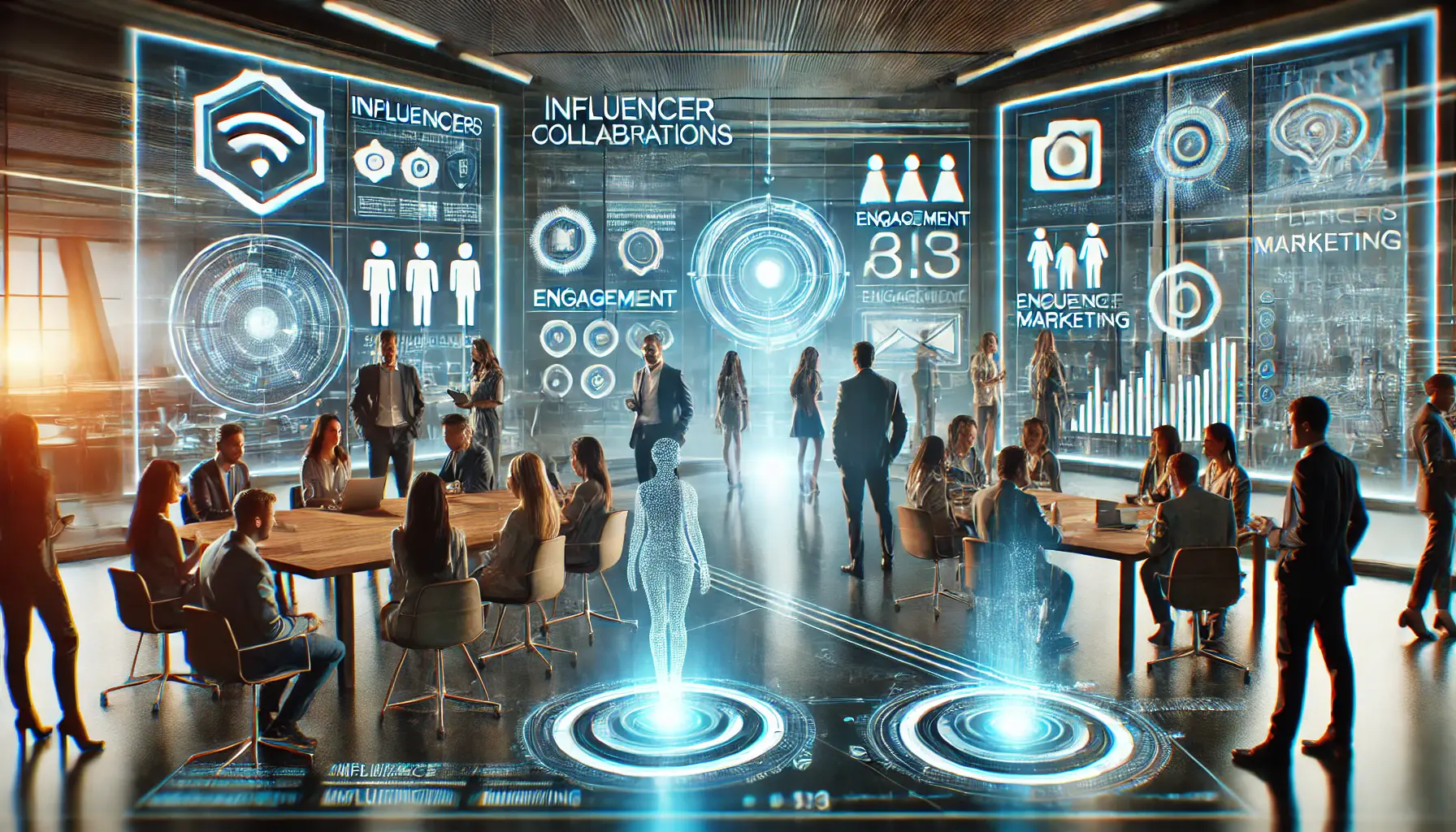 A group of influencers and marketing professionals discussing the future of influencer collaborations with futuristic technology and holographic displays.