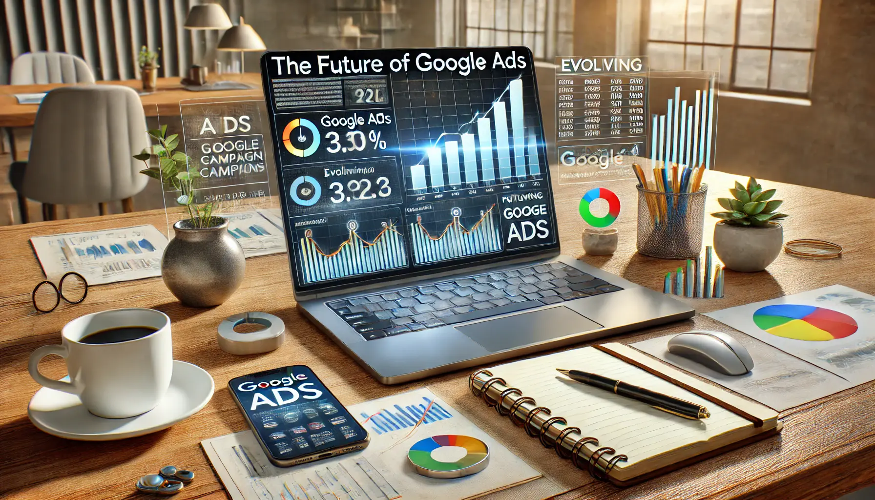 A laptop displaying an evolving Google Ads campaign dashboard with positive growth metrics and forward-looking data, surrounded by a smartphone, notebook, coffee cup, and performance charts in a modern office setting.