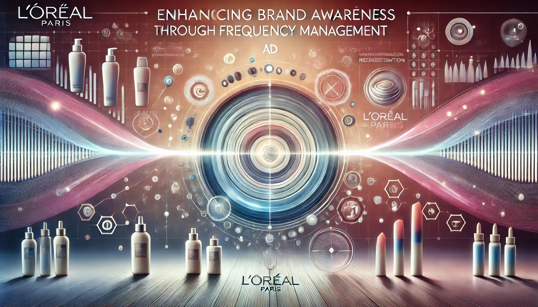 Abstract image featuring beauty product icons and soft gradients symbolizing brand awareness through frequency management.