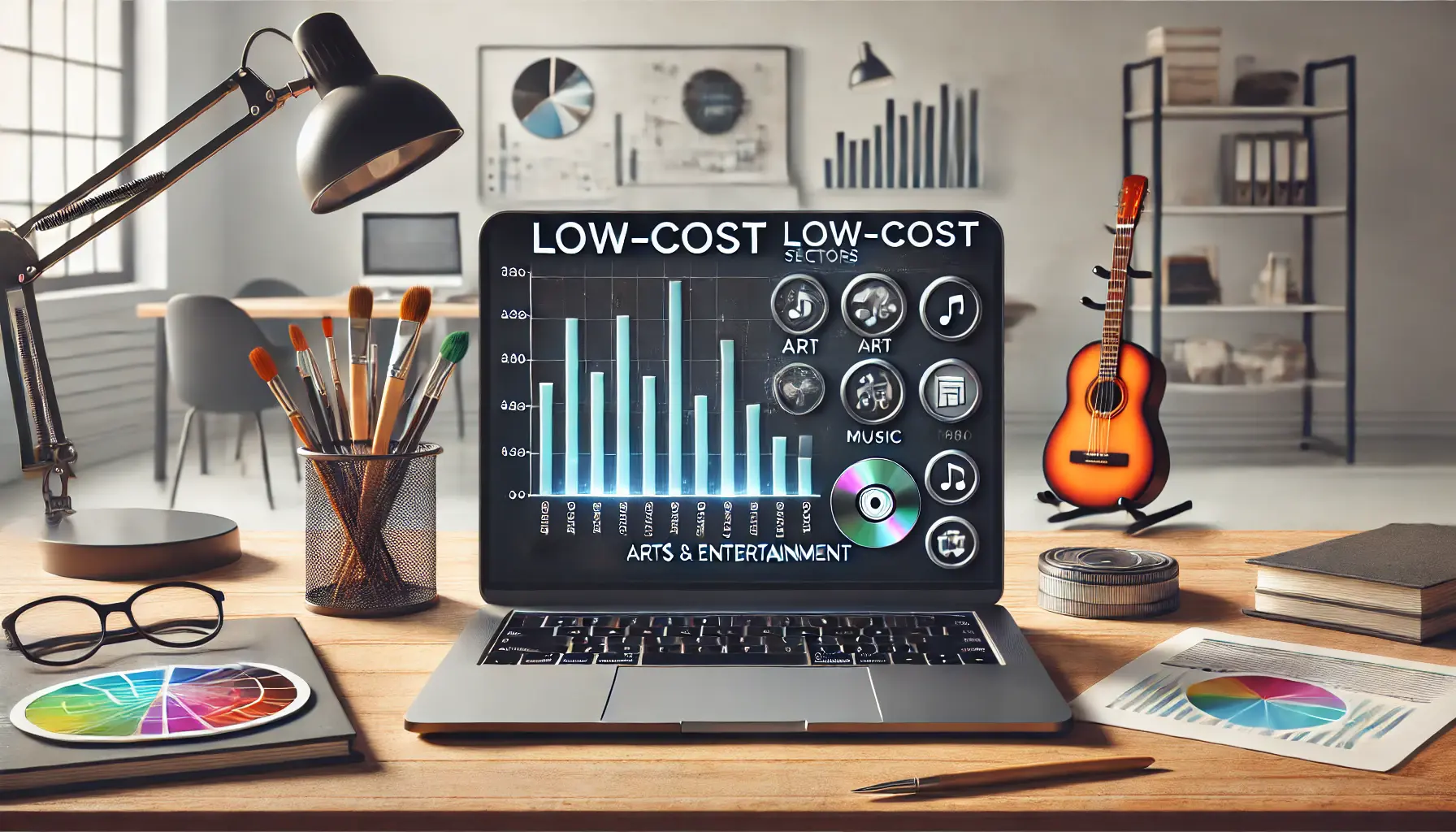 A digital marketing workspace showing CPC data for arts and entertainment industries, with a bar graph and icons representing art, music, and entertainment.