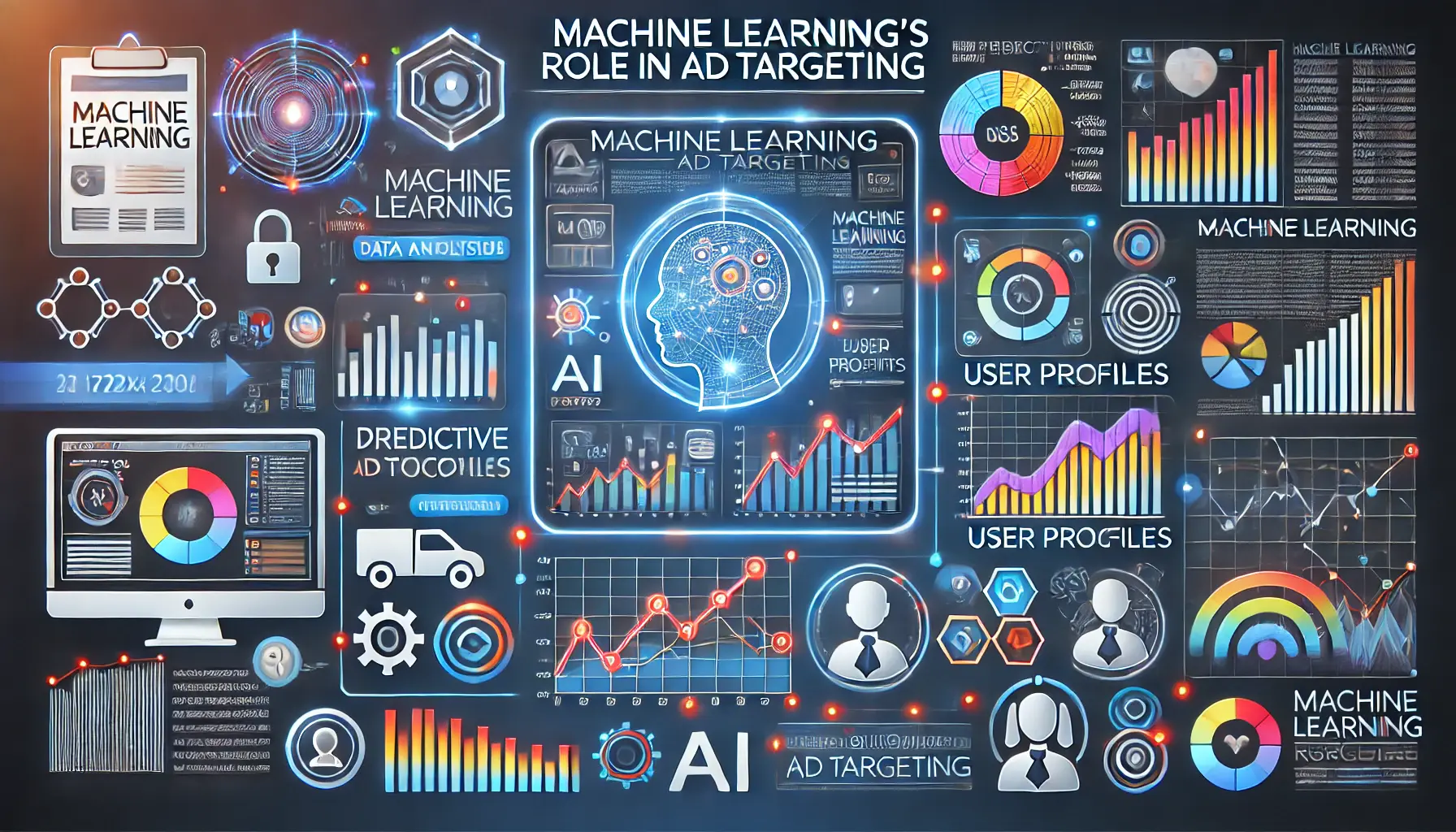 Illustration of machine learning in ad targeting with a dashboard displaying predictive graphs, user profiles, and algorithm visuals.