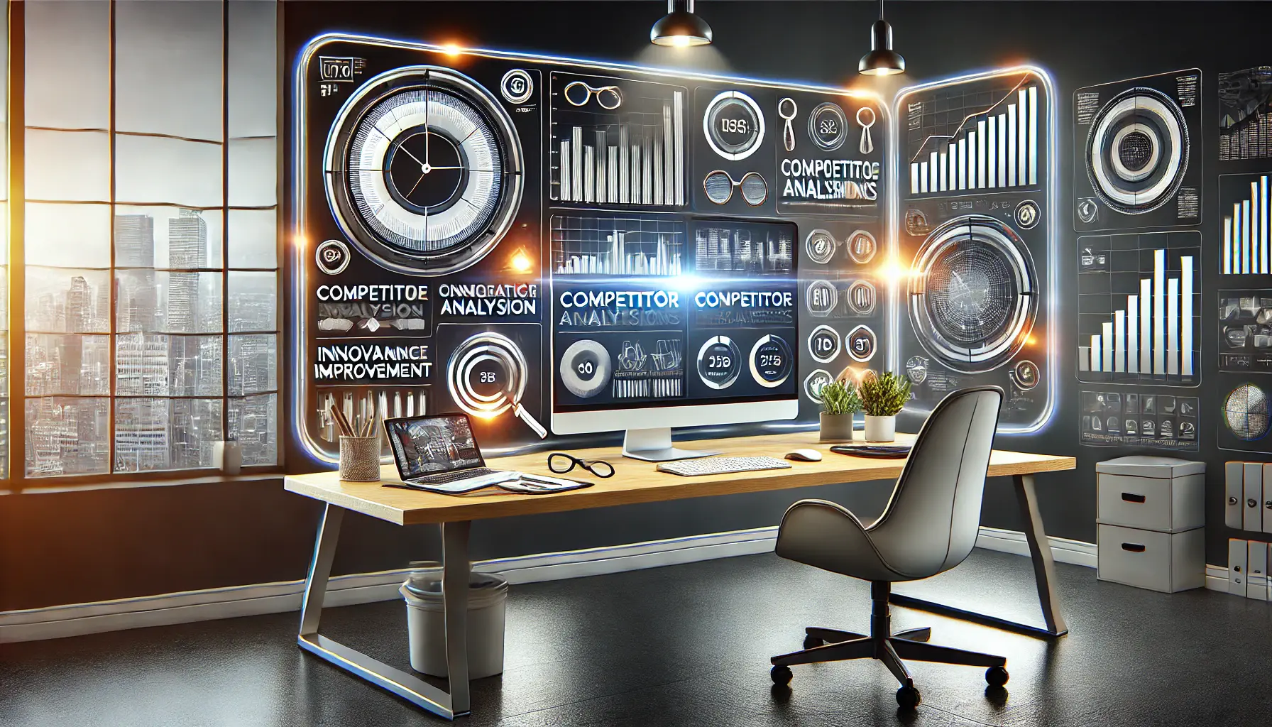 Illustration of a workspace with a computer displaying competitor analysis, benchmarks, and market trend dashboards.