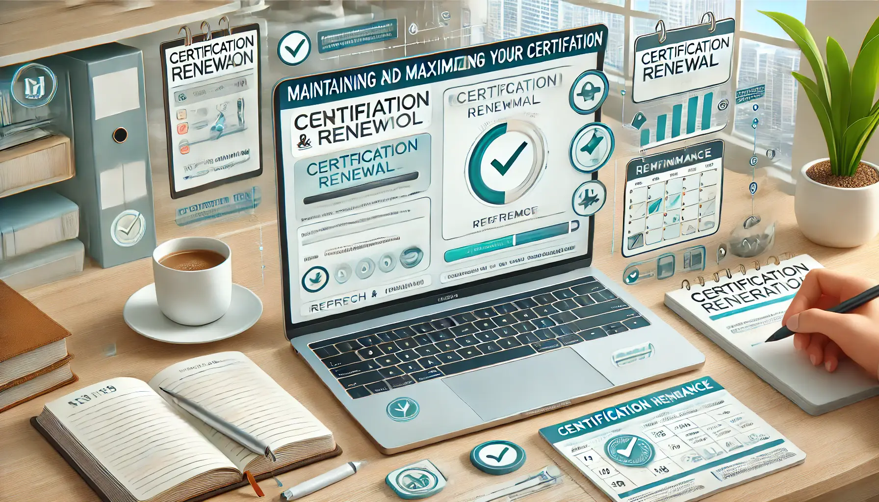 A professional workspace with a laptop showing a certification renewal page, calendar, and symbols of growth and certification maintenance.