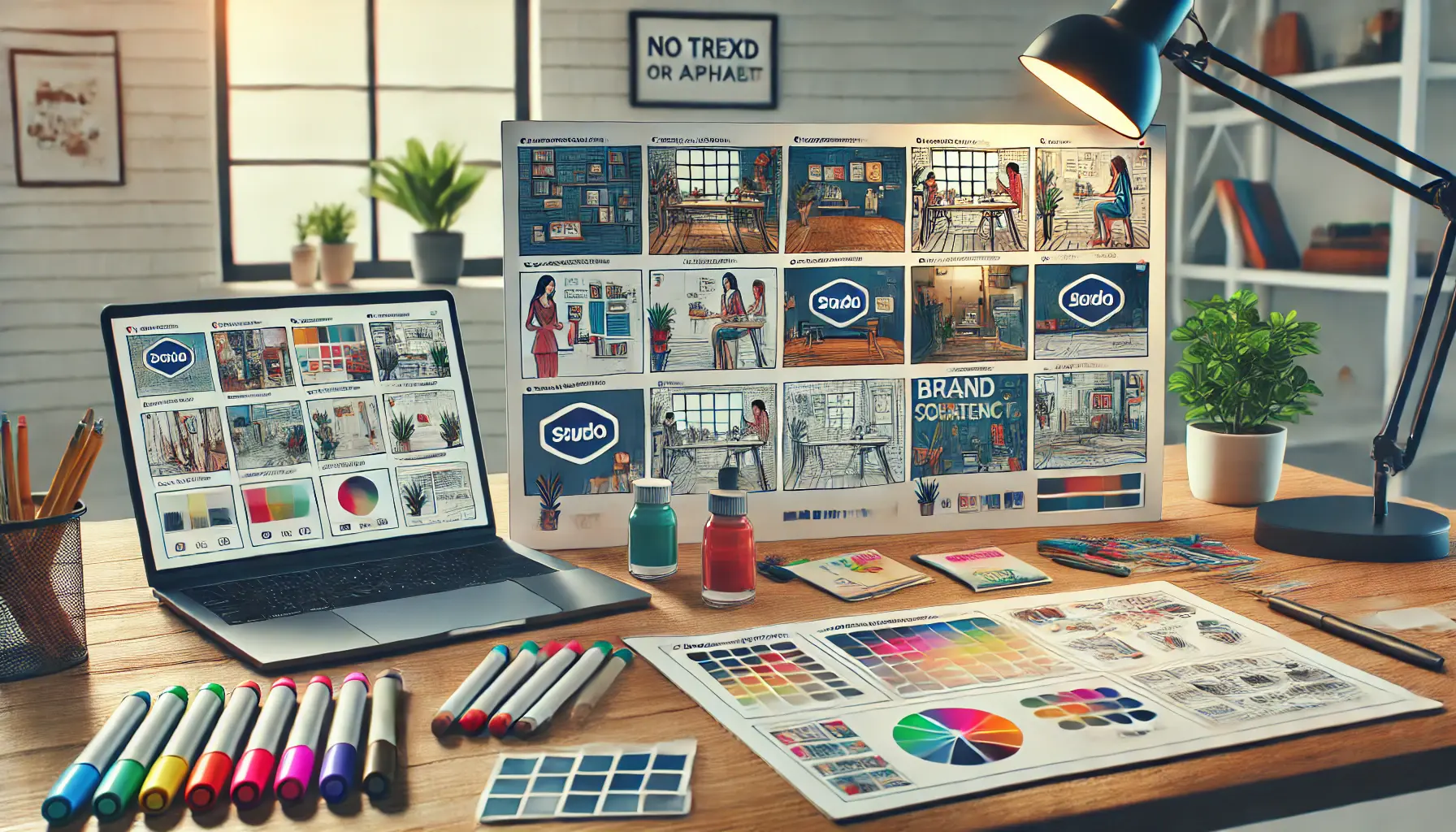 A professional workspace showing a storyboard with multiple scenes, all displaying consistent branding elements such as color schemes, logos, and product placements.