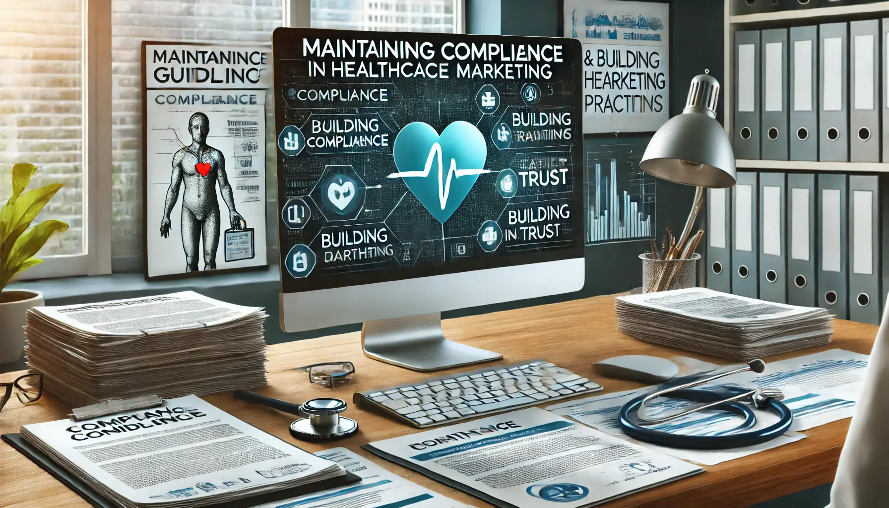 A healthcare marketer reviewing compliance guidelines on a computer screen, with medical tools and patient forms on the desk.