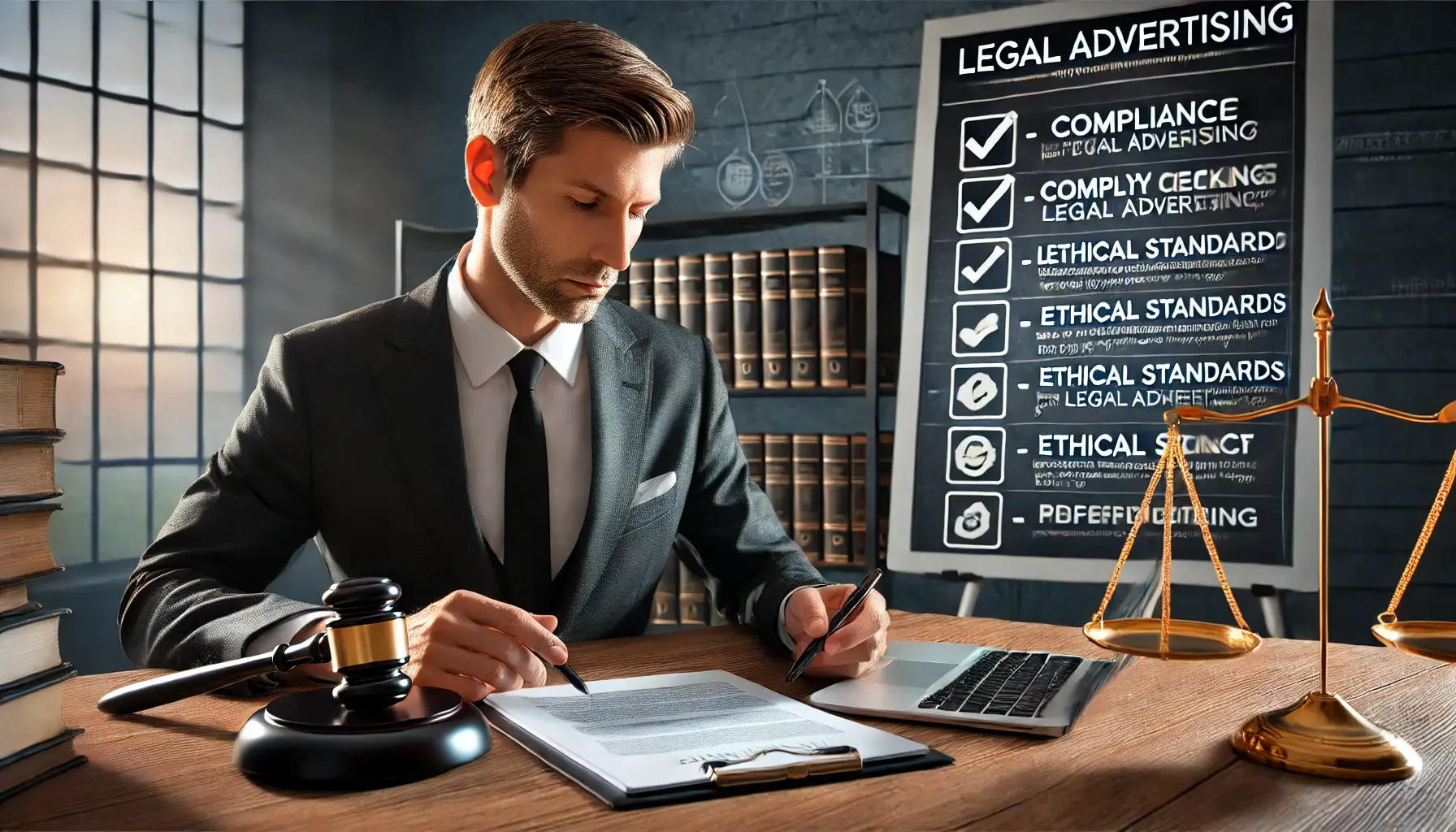 Illustration of a lawyer reviewing legal advertising guidelines on a tablet, with law books and a gavel in the background.