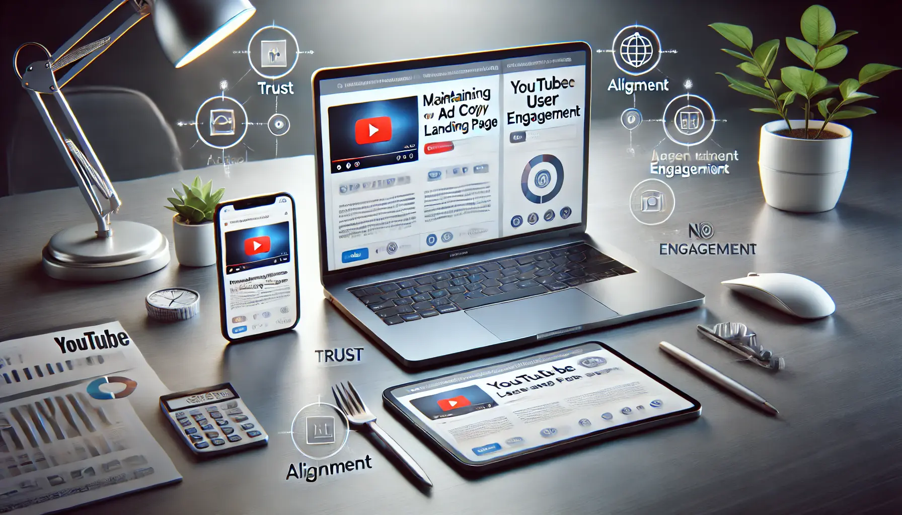 A laptop showing a landing page with matching visuals and tone to a YouTube ad on a tablet, surrounded by icons for trust and alignment.