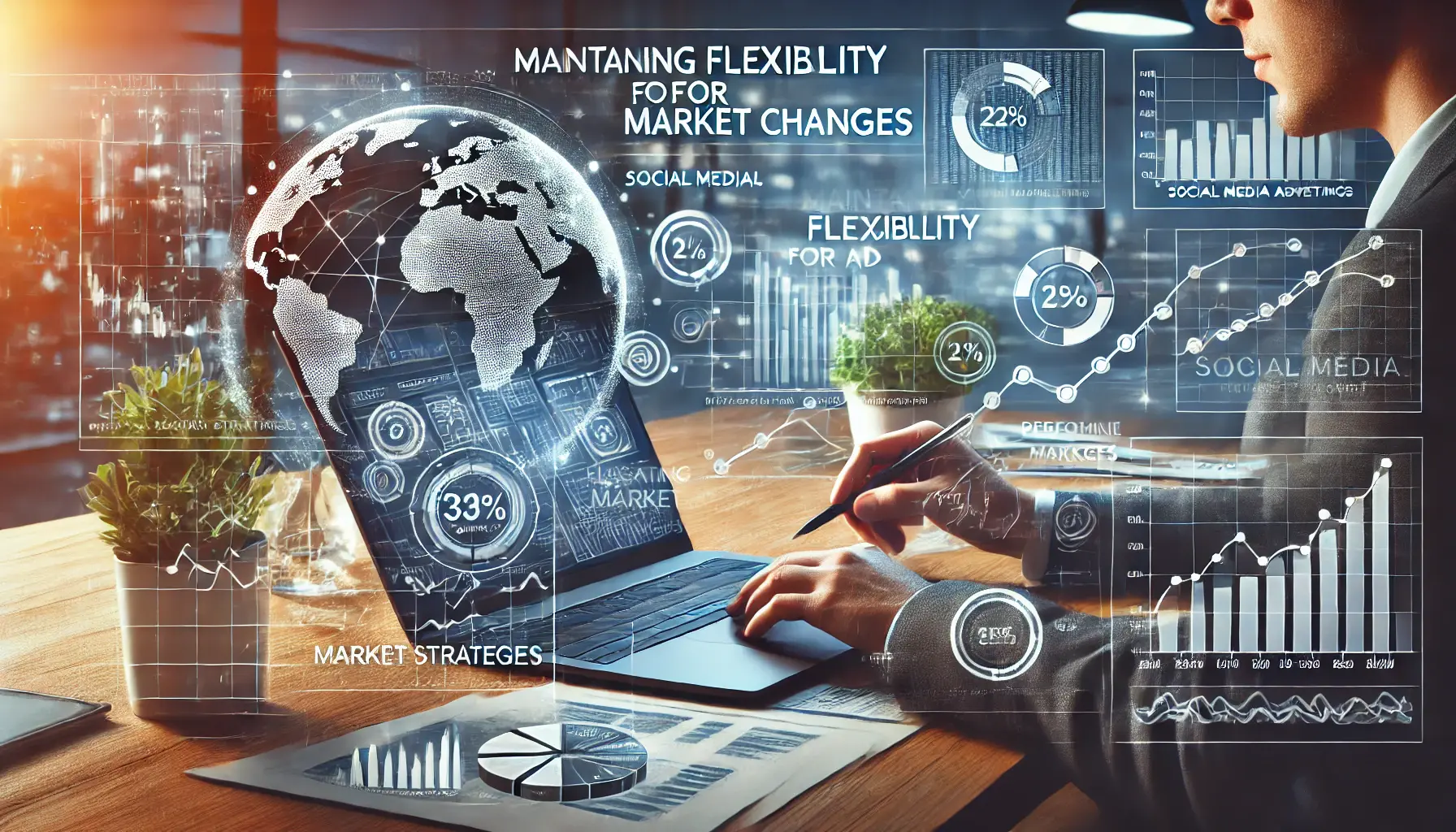 A digital illustration of a marketing workspace with a digital dashboard showing real-time metrics and market trends. A marketing professional is analyzing data on a laptop, making adjustments to strategies based on fluctuating market conditions. Floating graphical elements represent market trend lines and a globe symbolizing global market changes.