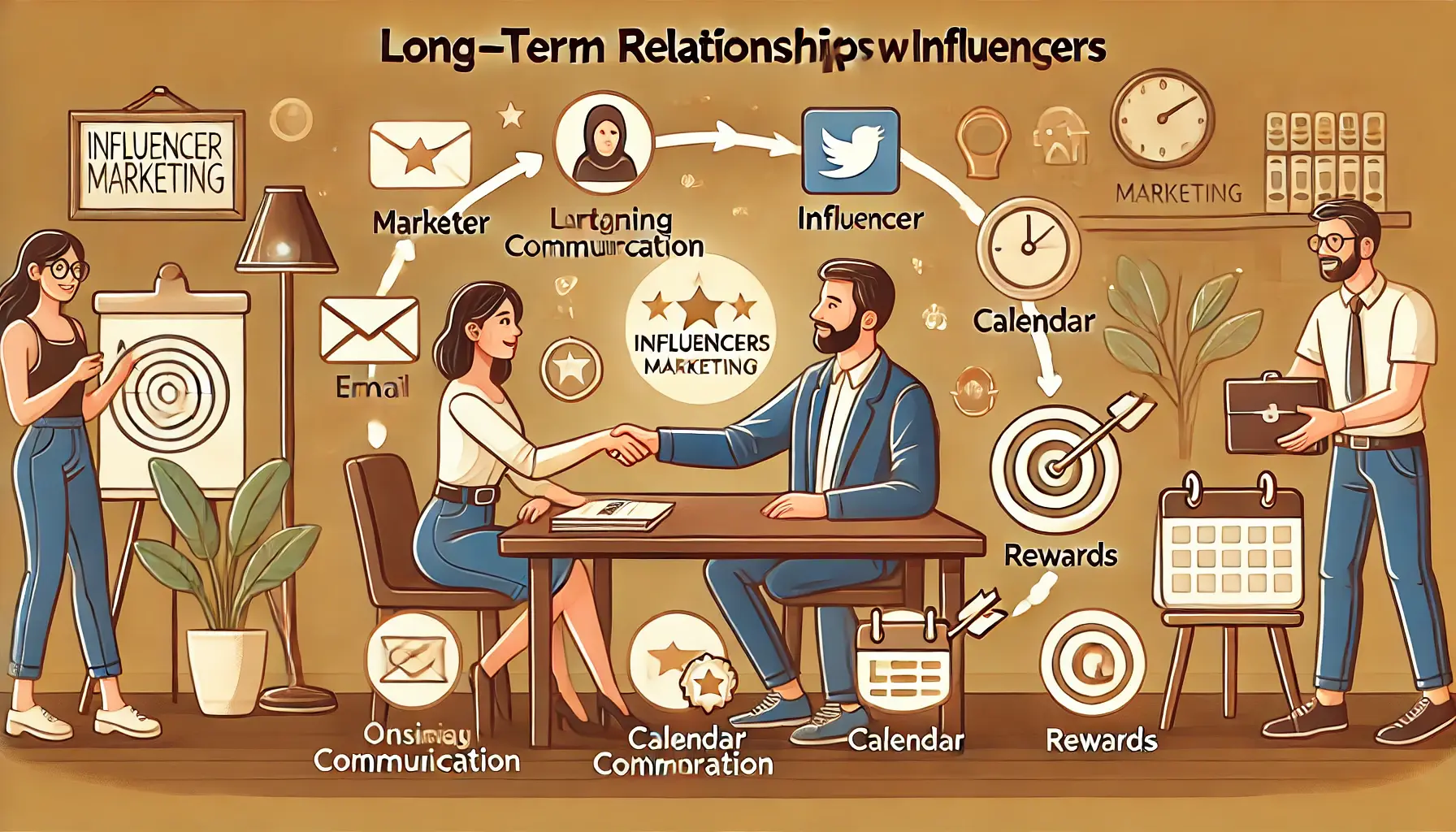 An illustration showing a marketer and an influencer having a friendly meeting with a handshake, and symbols of ongoing communication like email icons and calendar reminders.