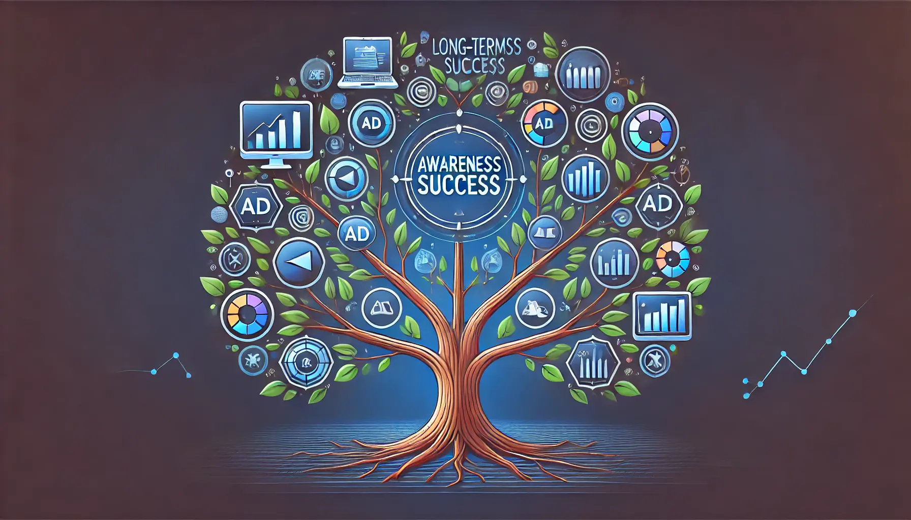 An illustration showing a growing plant or tree symbolizing long-term success, with digital marketing icons like ad screens and analytics charts integrated into the branches.