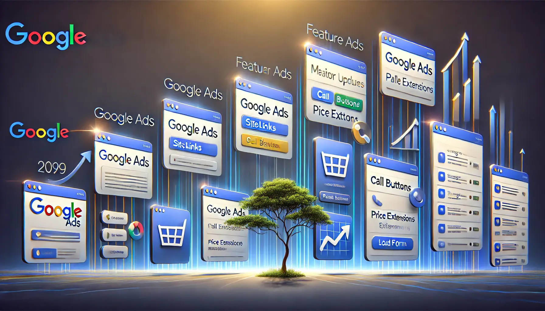 A visual progression showcasing the evolution of Google Ads, from simple ads to advanced features like sitelinks, call buttons, and price extensions.