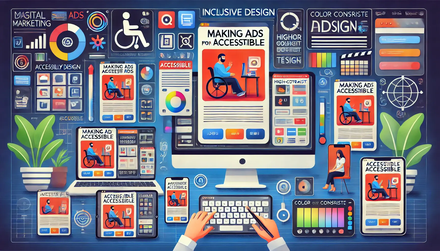 Image showing a designer optimizing a digital ad for accessibility, with a screen reader and high-contrast design elements, displayed across multiple devices.