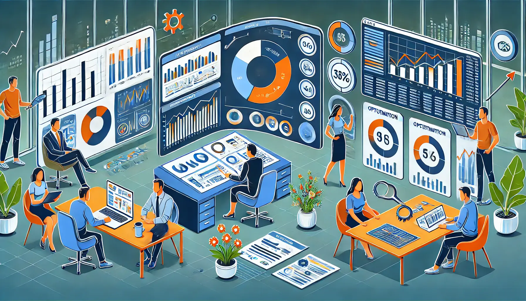 An image illustrating the process of making data-driven adjustments in digital marketing, featuring a team analyzing performance metrics.