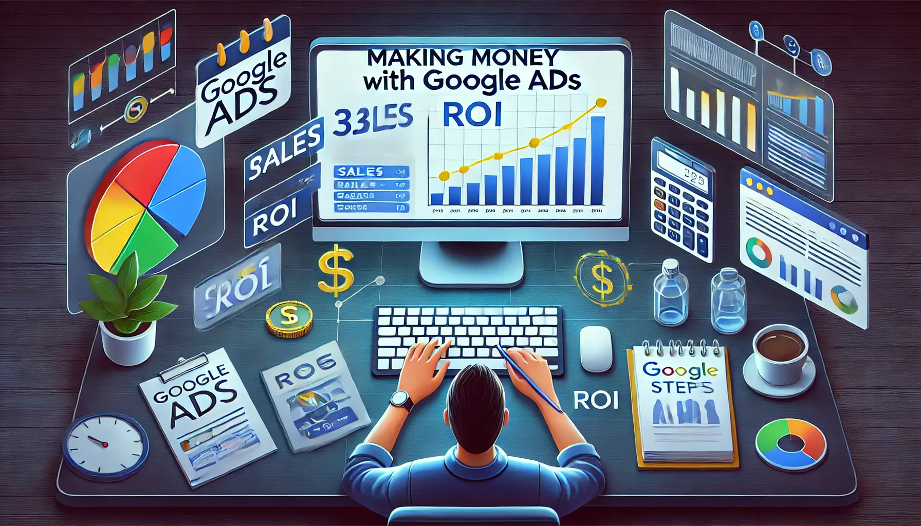 A digital marketer reviewing key campaign performance metrics, including graphs showing growth in sales, ROI, and conversions.