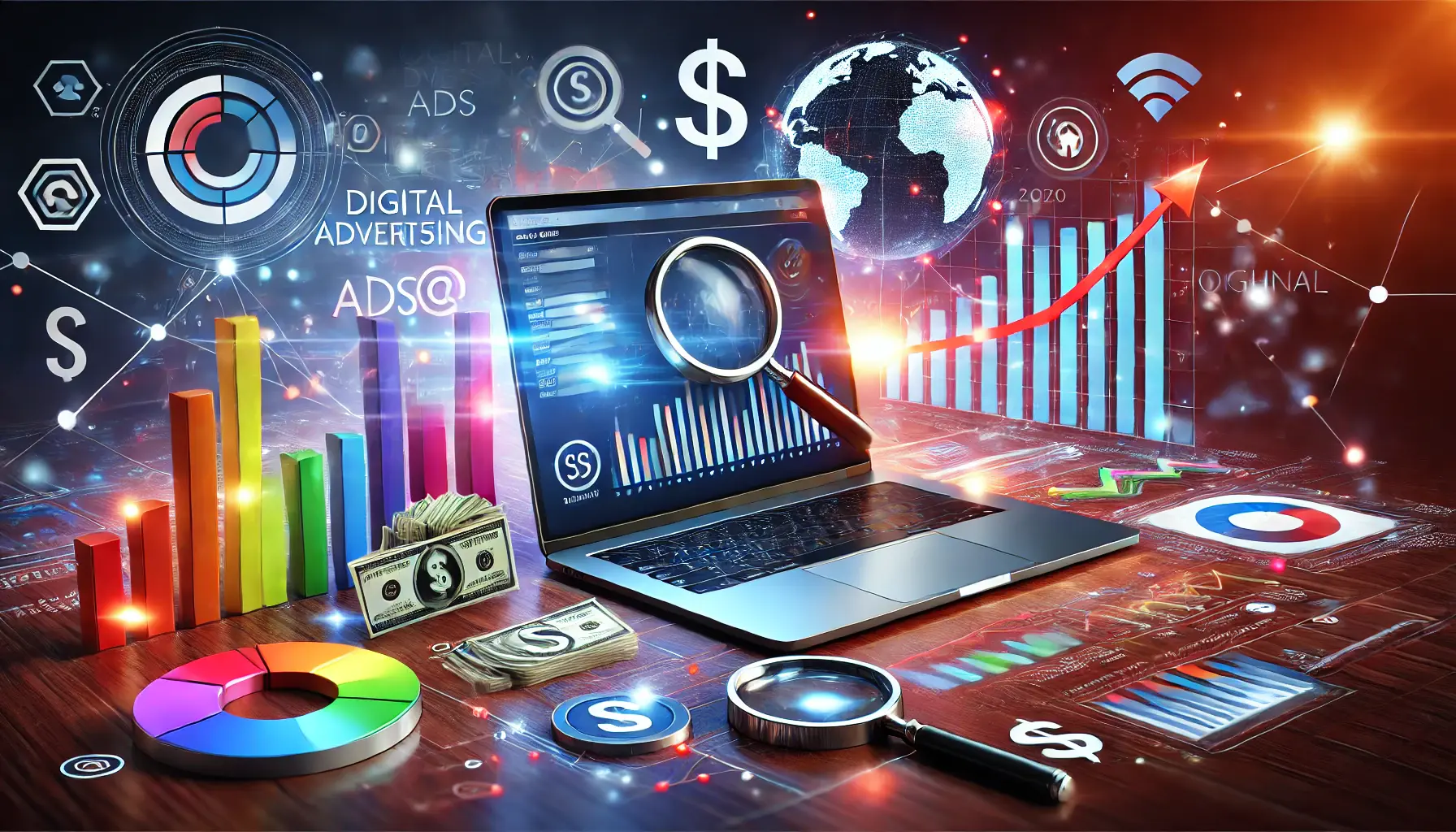 A laptop with an analytics dashboard displaying colorful graphs, surrounded by icons representing digital advertising like magnifying glasses, dollar signs, and a globe.