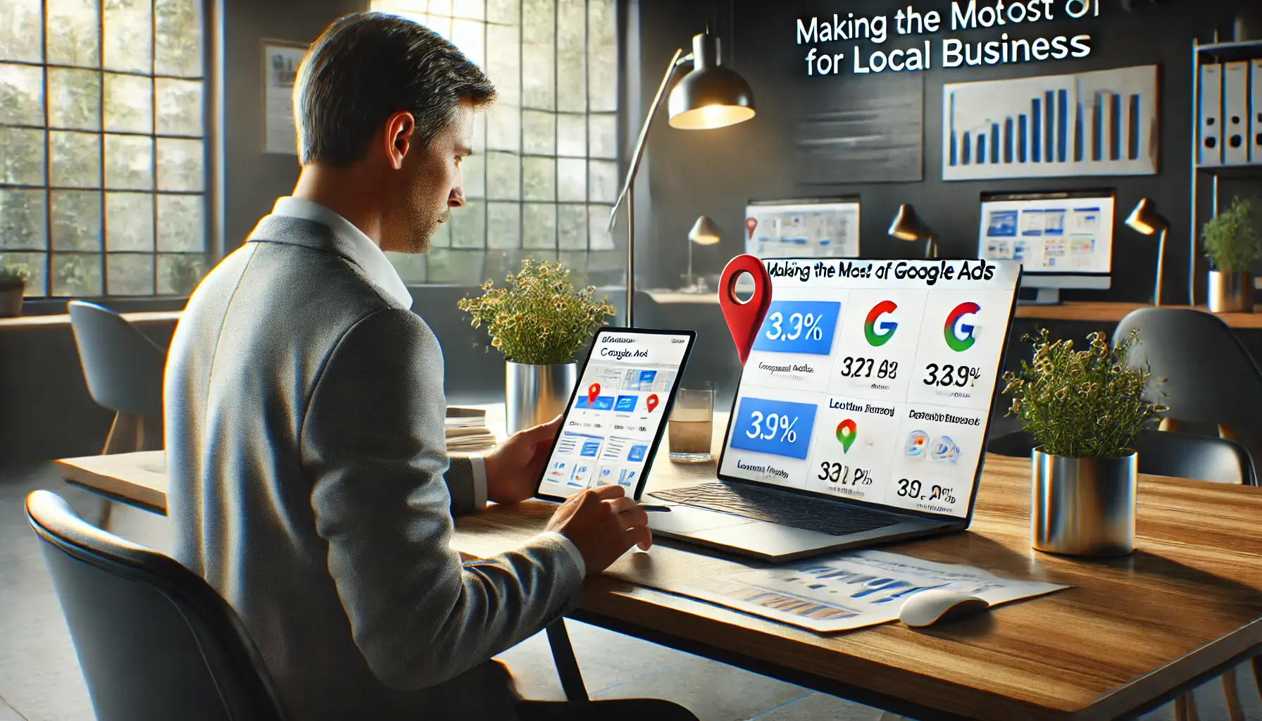 A business owner analyzing Google Ads data on a laptop, with location-based targeting and ad performance metrics displayed on the screen.