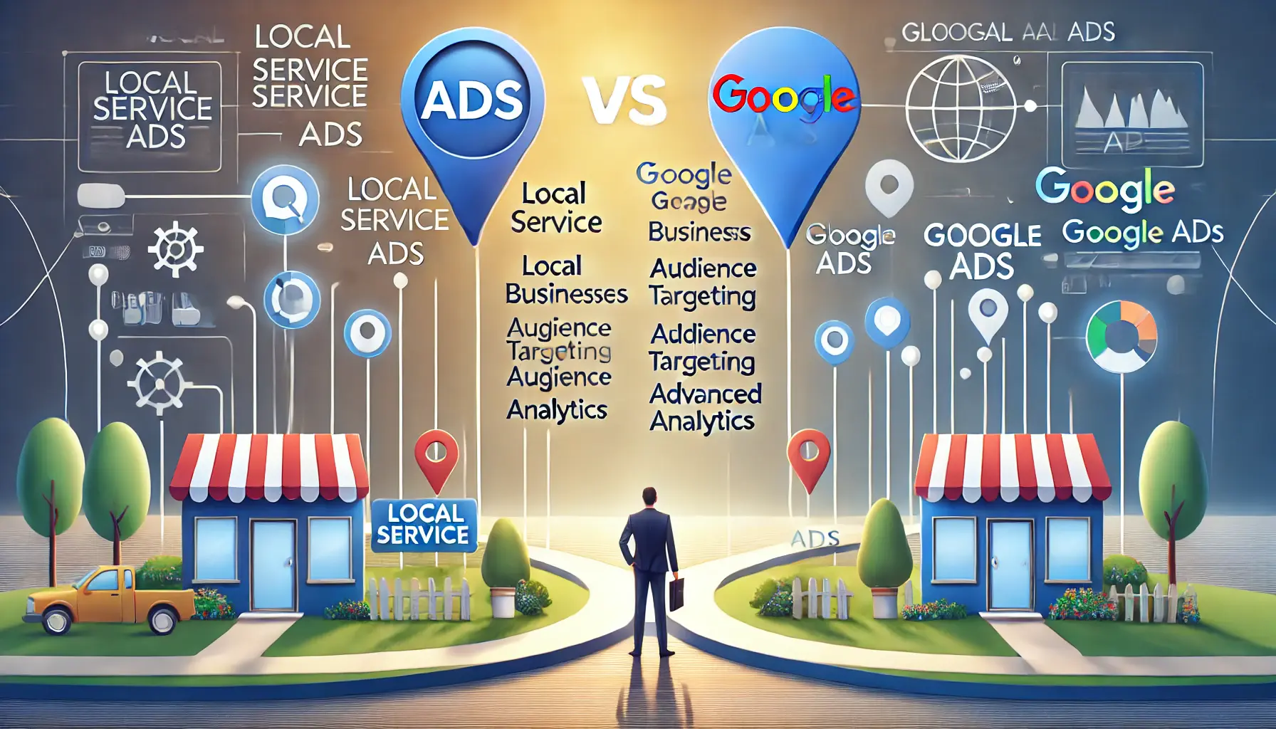 An illustration showing the decision-making process between Local Service Ads and Google Ads, with paths leading to different advertising options.