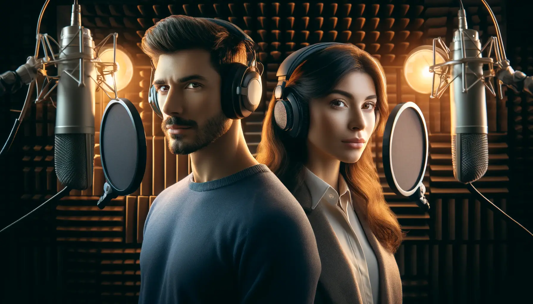 A male and female voiceover artist in a recording booth, with the male artist exuding authority and the female artist expressing warmth and empathy.