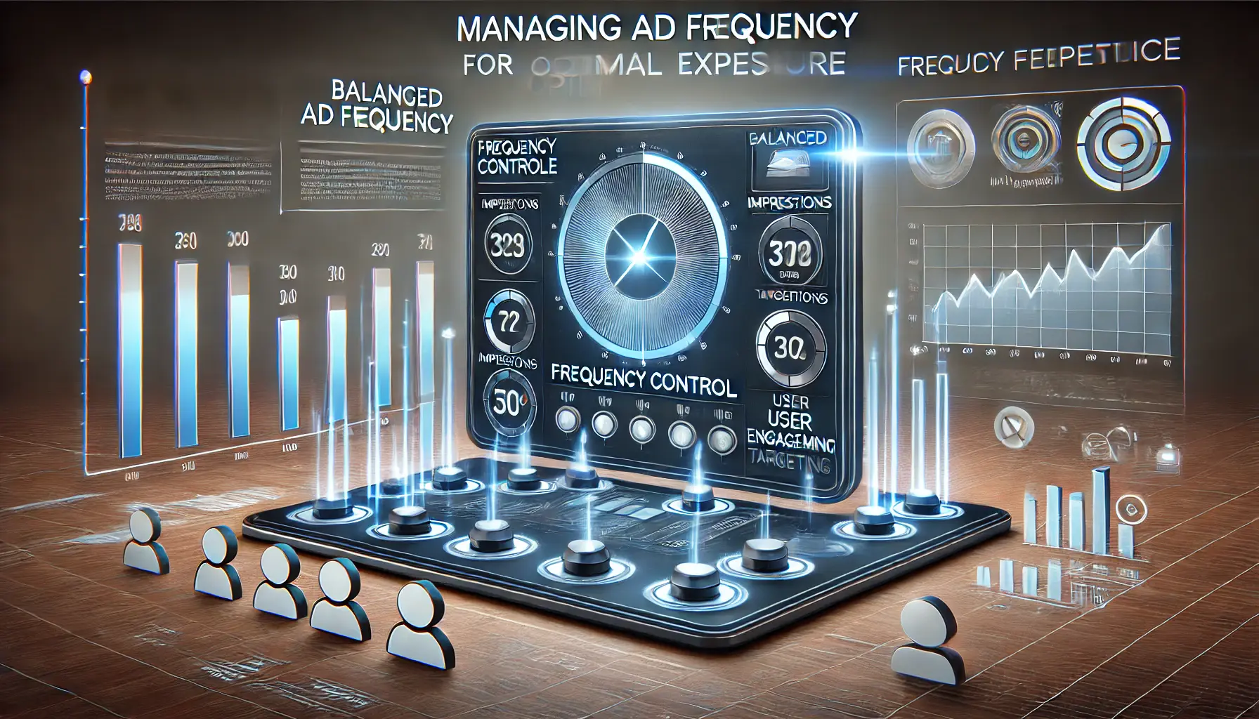 A frequency control dashboard showing sliders and graphs for impressions and engagement metrics, surrounded by icons representing balanced ad exposure.