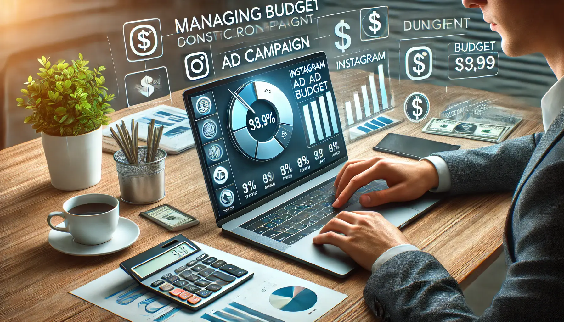 Illustration of a person sitting at a desk reviewing an Instagram ad campaign budget on a laptop, with a pie chart and bar graph, surrounded by symbols like a dollar sign, calculator, and budget planner.