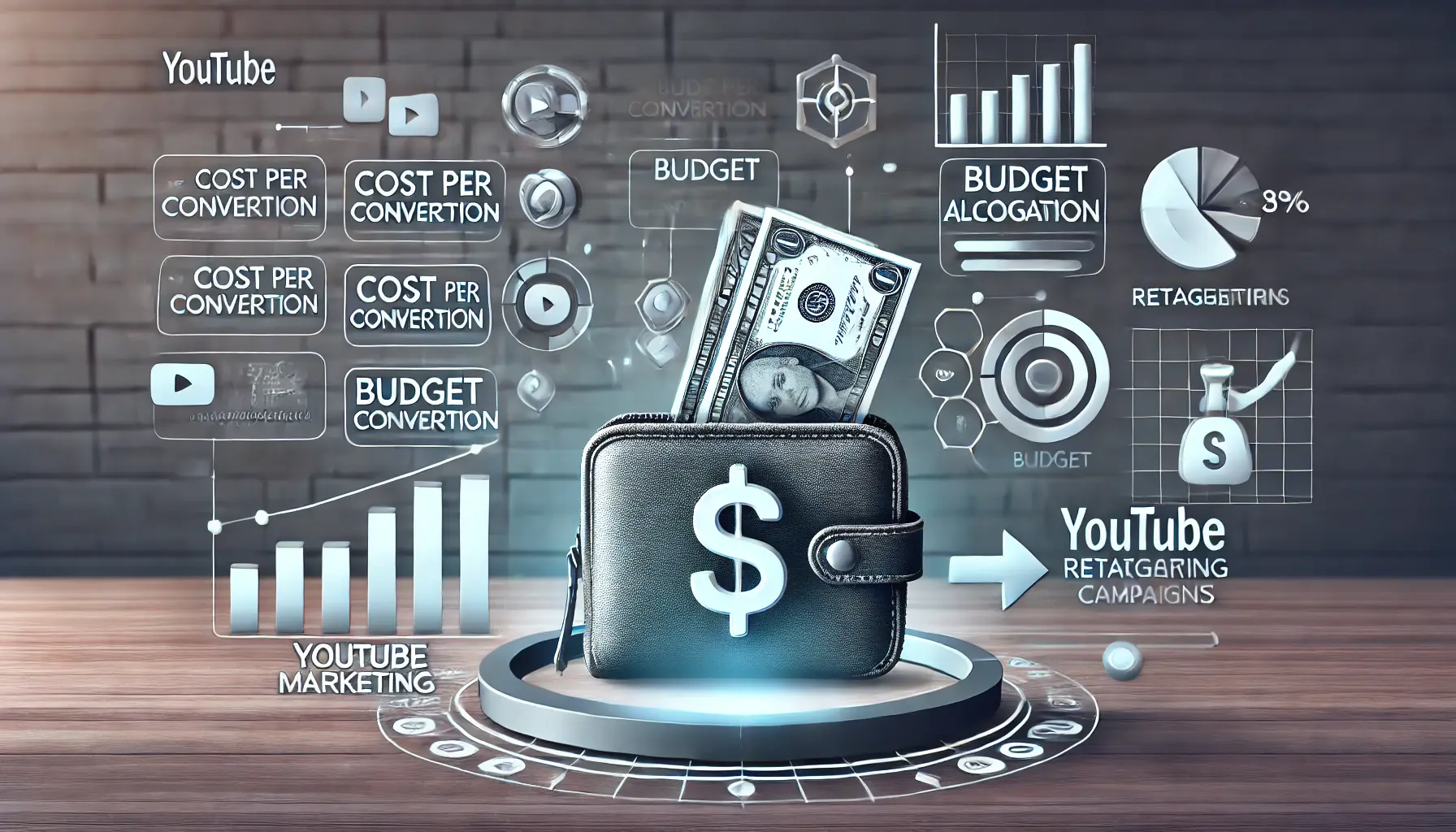 An image representing managing budget constraints in YouTube retargeting, featuring budget allocation charts, cost control sliders, and a visual of limited resources.