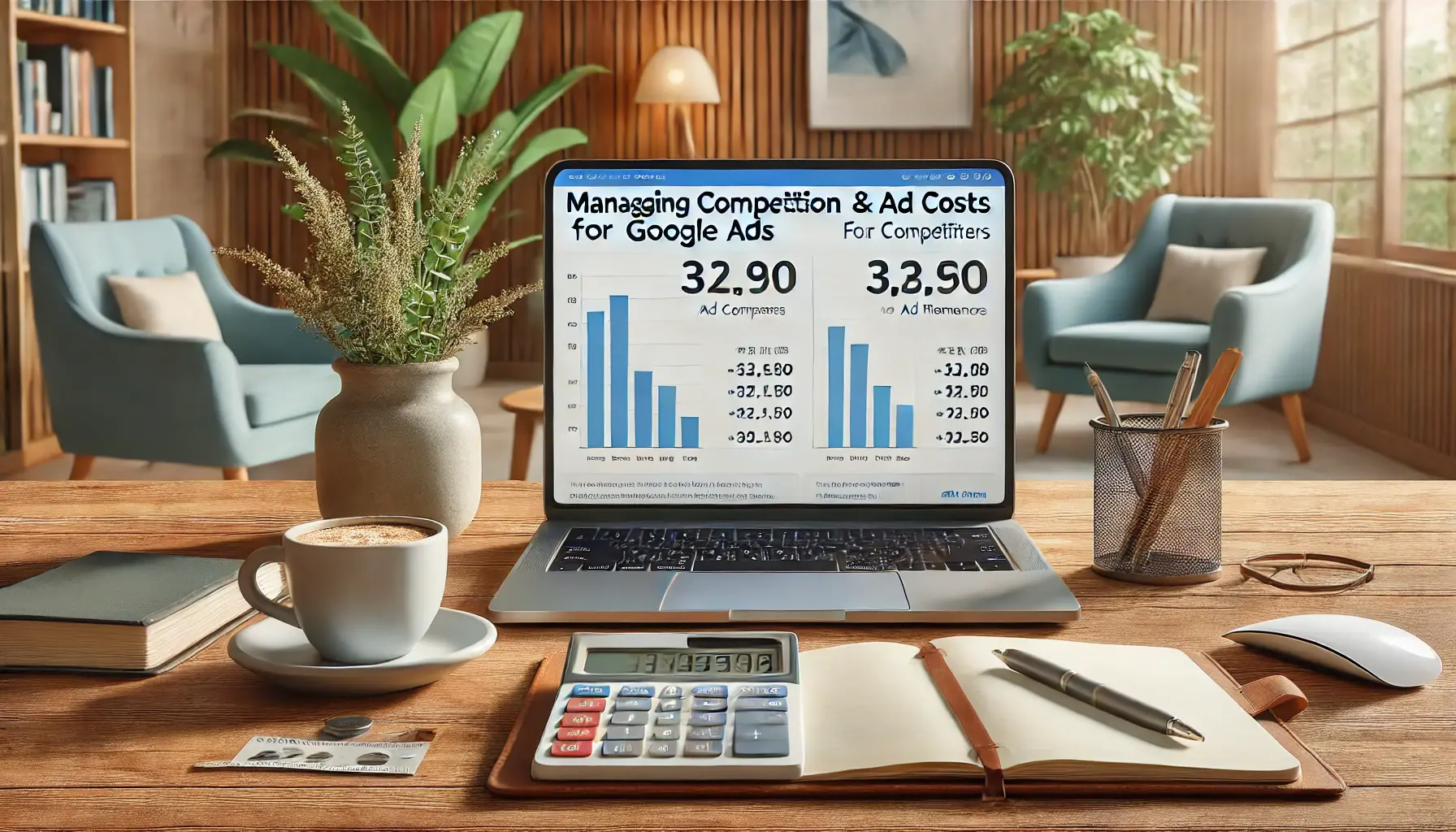 An image showing a laptop with a competitive analysis dashboard comparing ad costs and performance, surrounded by strategic tools in a therapy office setting.