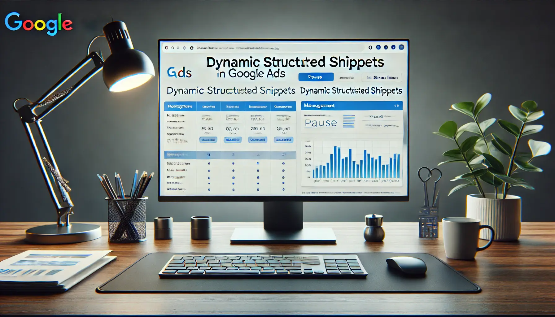 A Google Ads dashboard showing the management settings for dynamic structured snippets, with options to pause or remove snippets, in a professional workspace.