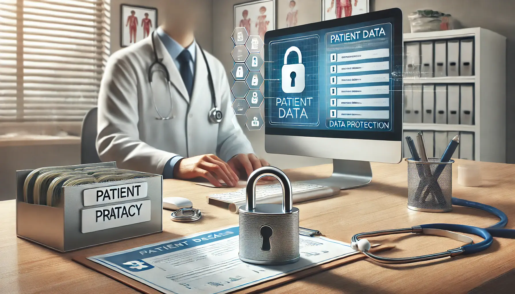 A healthcare professional reviewing patient data on a computer screen, with locked files and a secure data storage device on the desk.