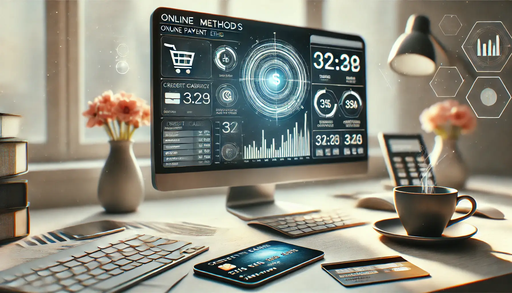 A workspace with a desktop screen displaying a billing dashboard, a smartphone, and credit cards on the desk, symbolizing the management of online payment methods in a professional setting.