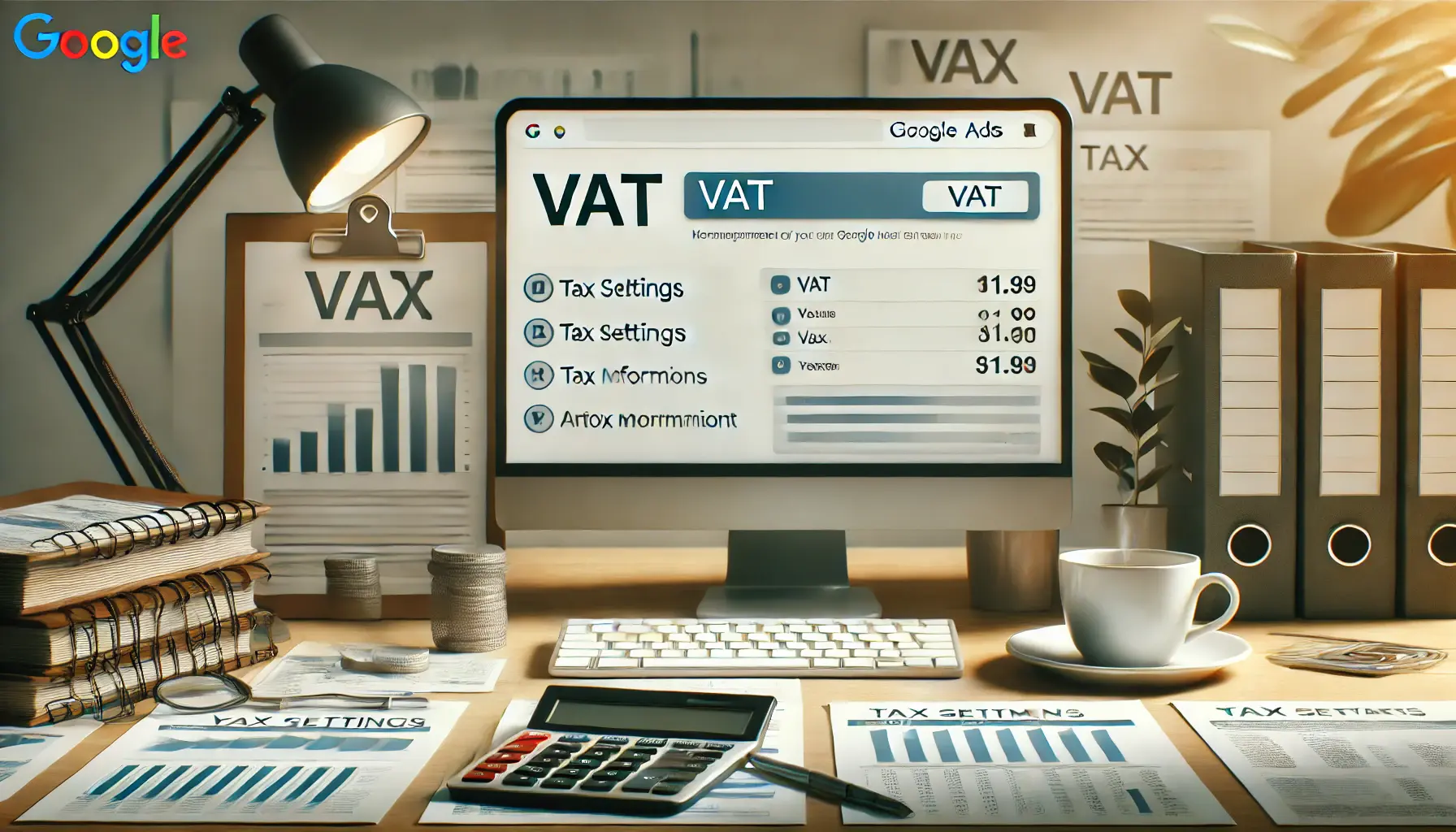 A workspace featuring a desktop screen displaying a tax settings page, with documents, a calculator, and a coffee cup nearby, representing the process of managing VAT and tax information in Google Ads.