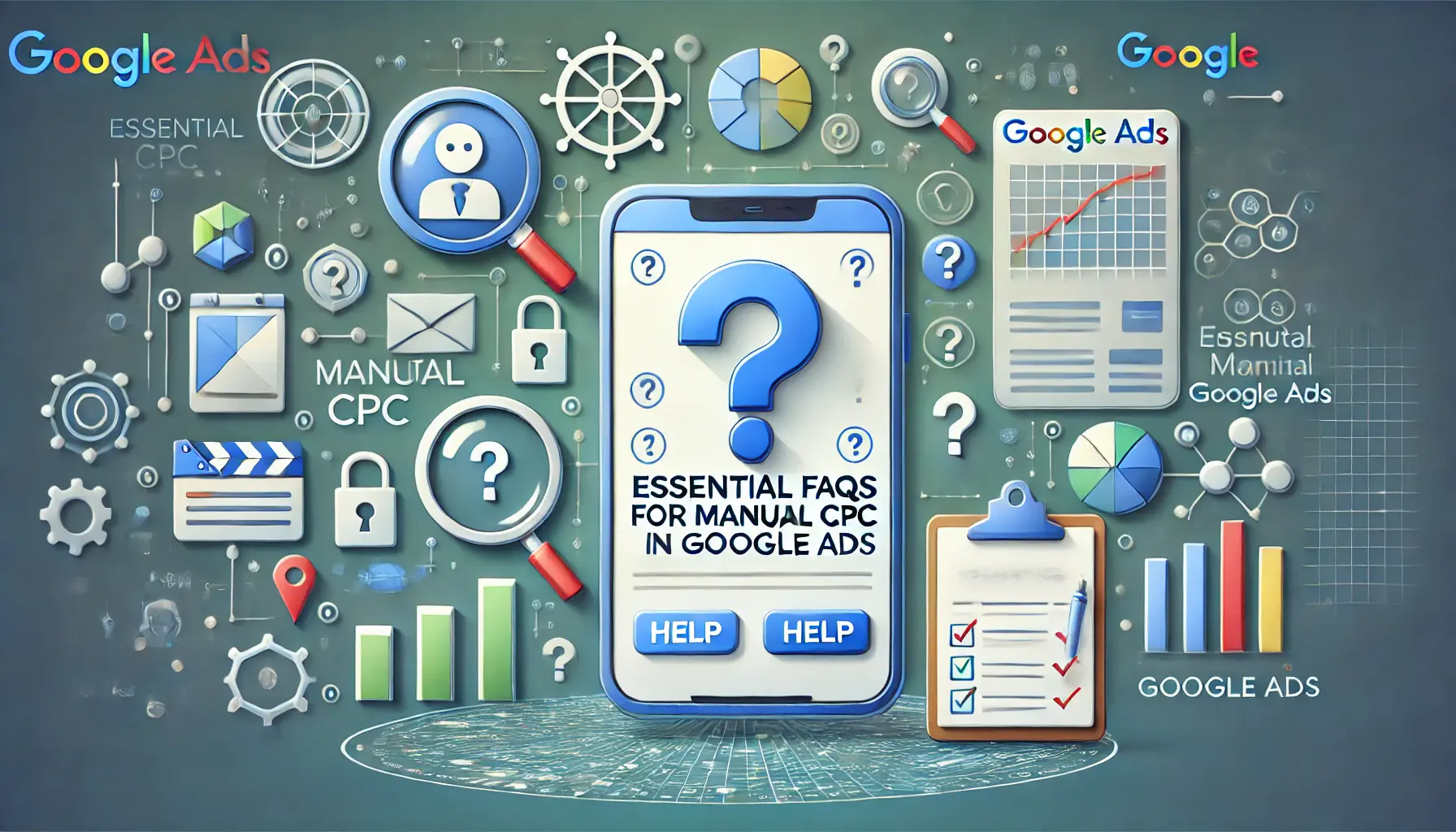 A digital interface with question marks and a help icon on a screen displaying Google Ads analytics, surrounded by symbols like a magnifying glass and a clipboard representing clarity and support.