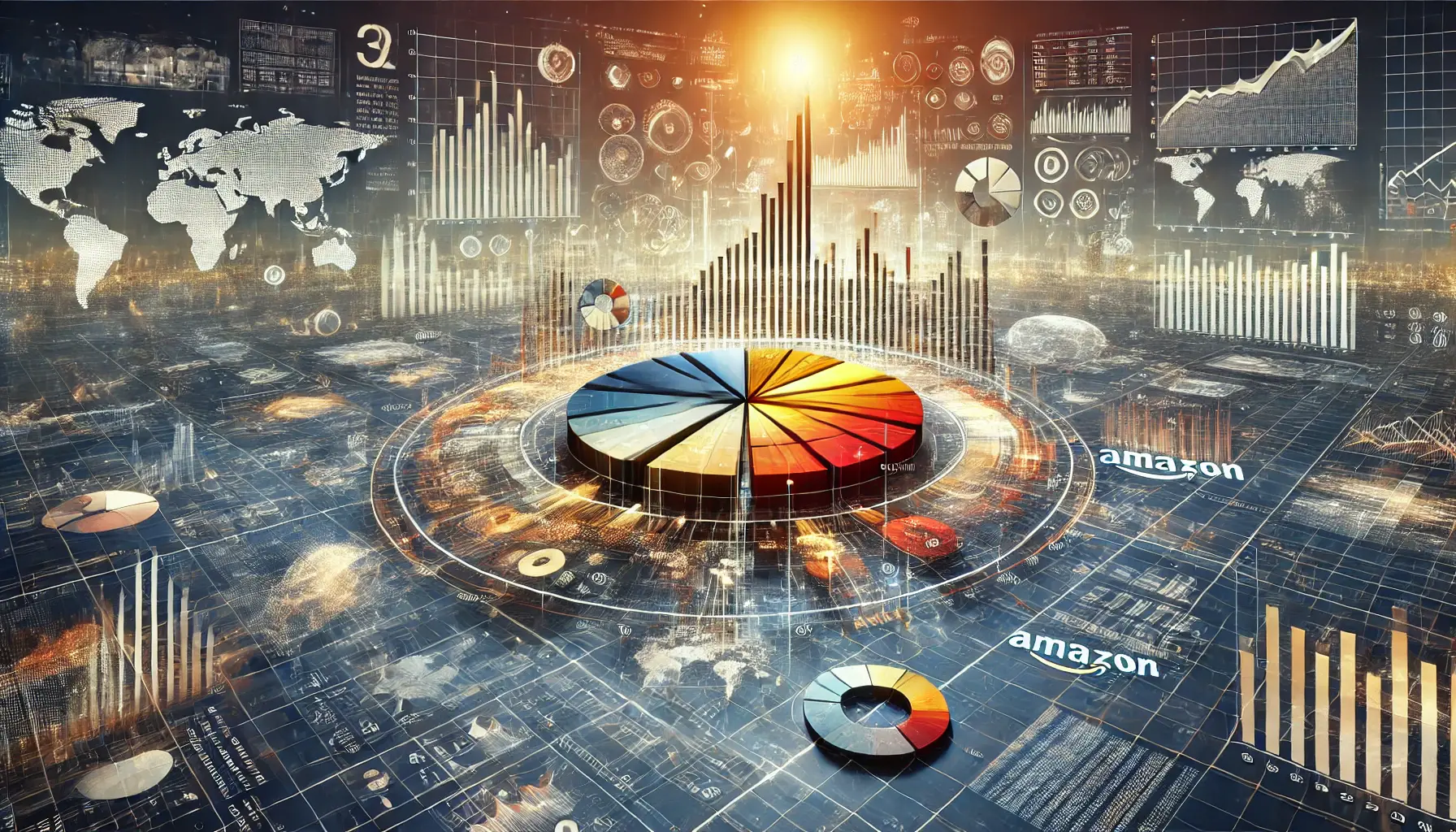 A professional representation of market share analysis in digital advertising, featuring pie charts and bar graphs illustrating market distribution.