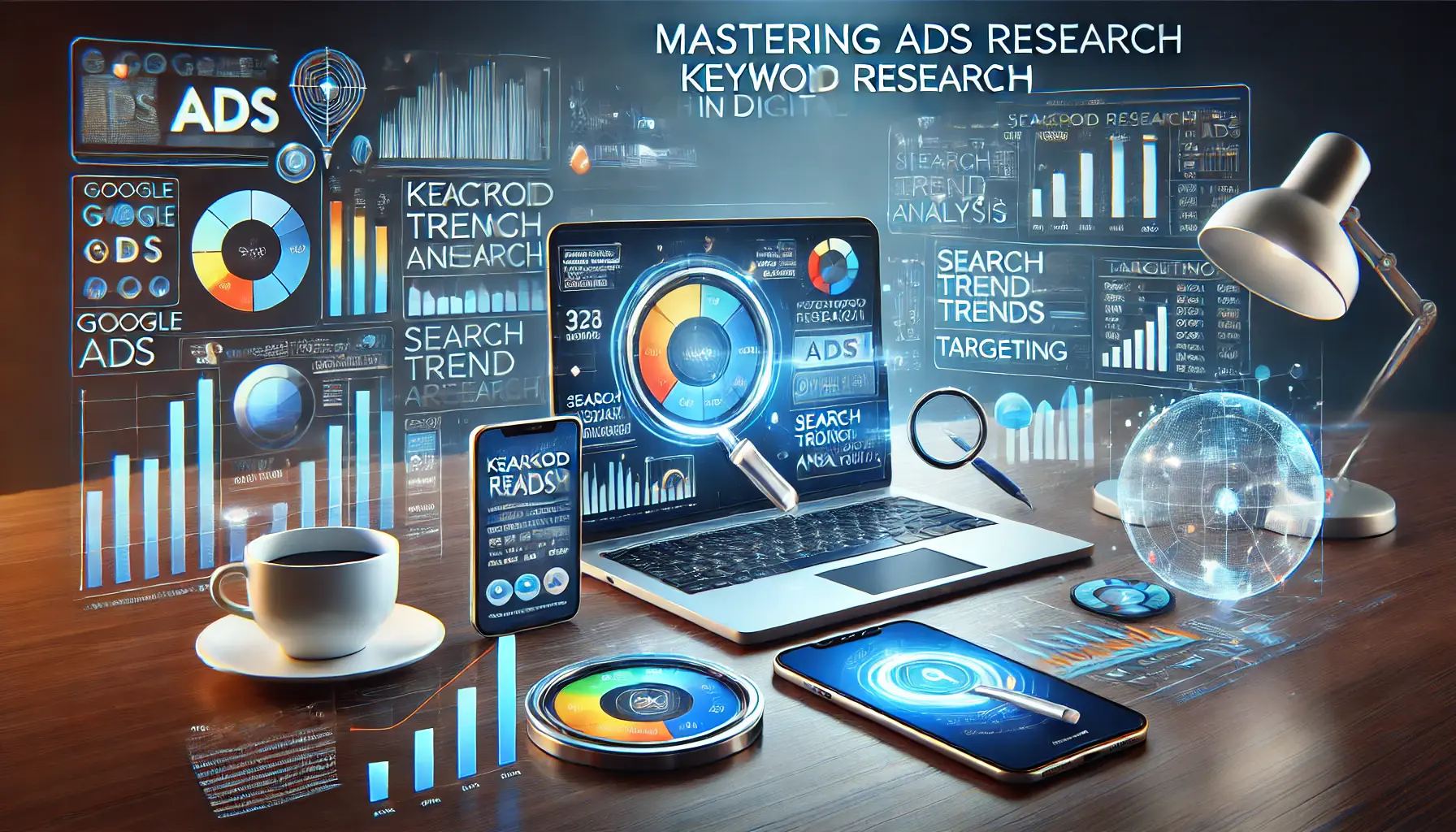 Visualization of mastering ads keyword research with digital tools displaying keyword analysis and trends.