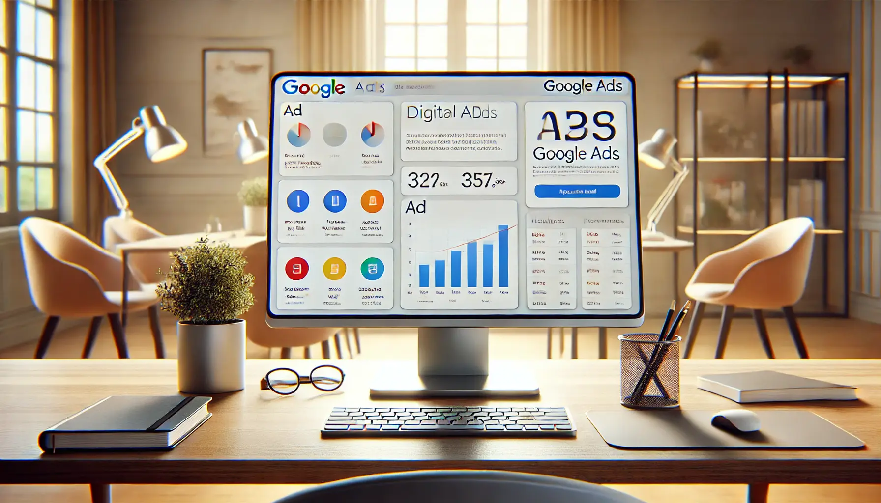 Modern digital advertising concept showing a laptop screen with Google Ads interface in a sleek office setting.