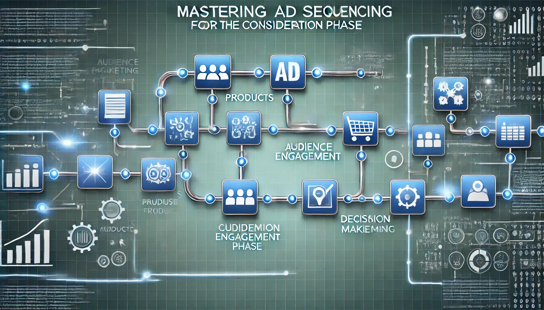 Image representing the mastery of ad sequencing for the consideration phase, with a flow of connected ad icons leading to decision-making.