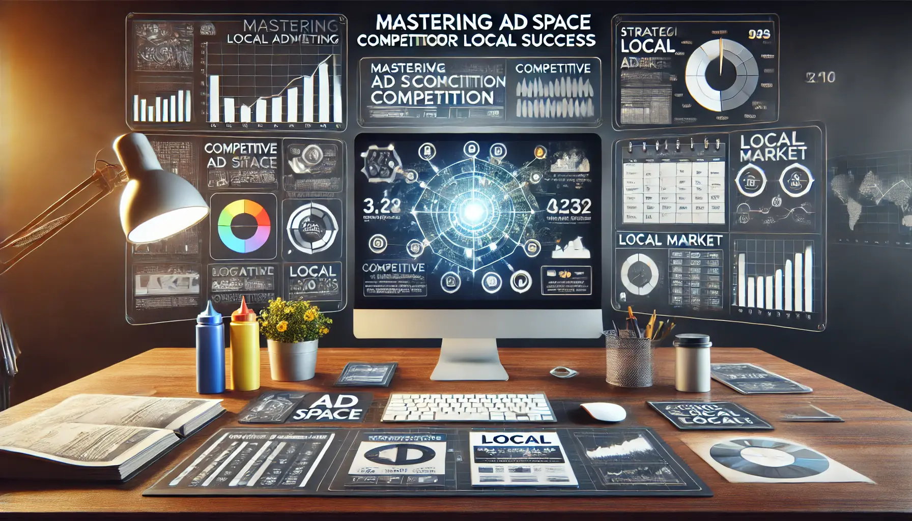 A digital marketing workspace displaying competitive ad analytics, performance metrics, and local market trends, surrounded by a map, charts, and a calendar marking key local events.