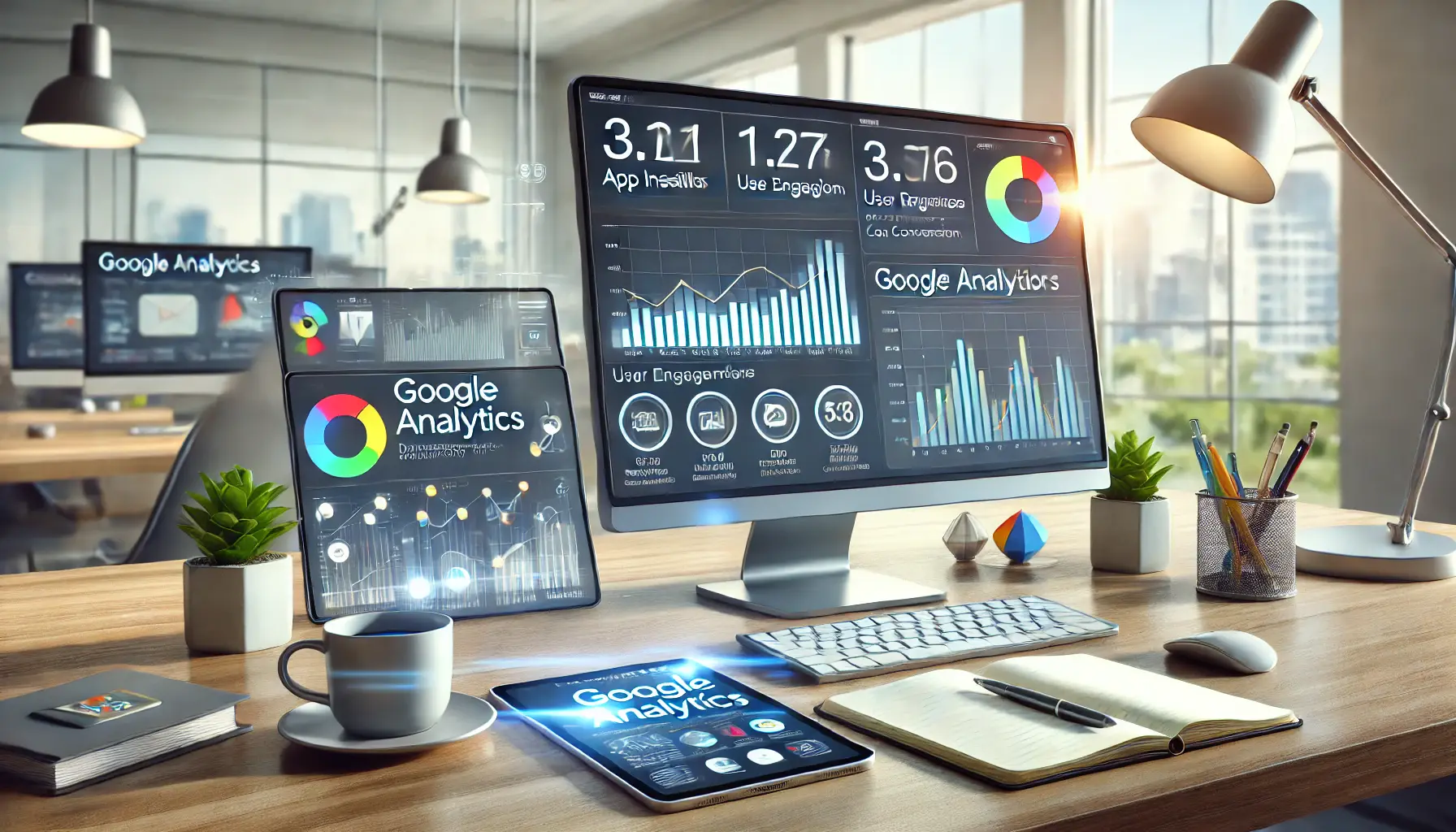 A workspace with a computer displaying a Google Analytics dashboard for app campaigns, showing key performance indicators.