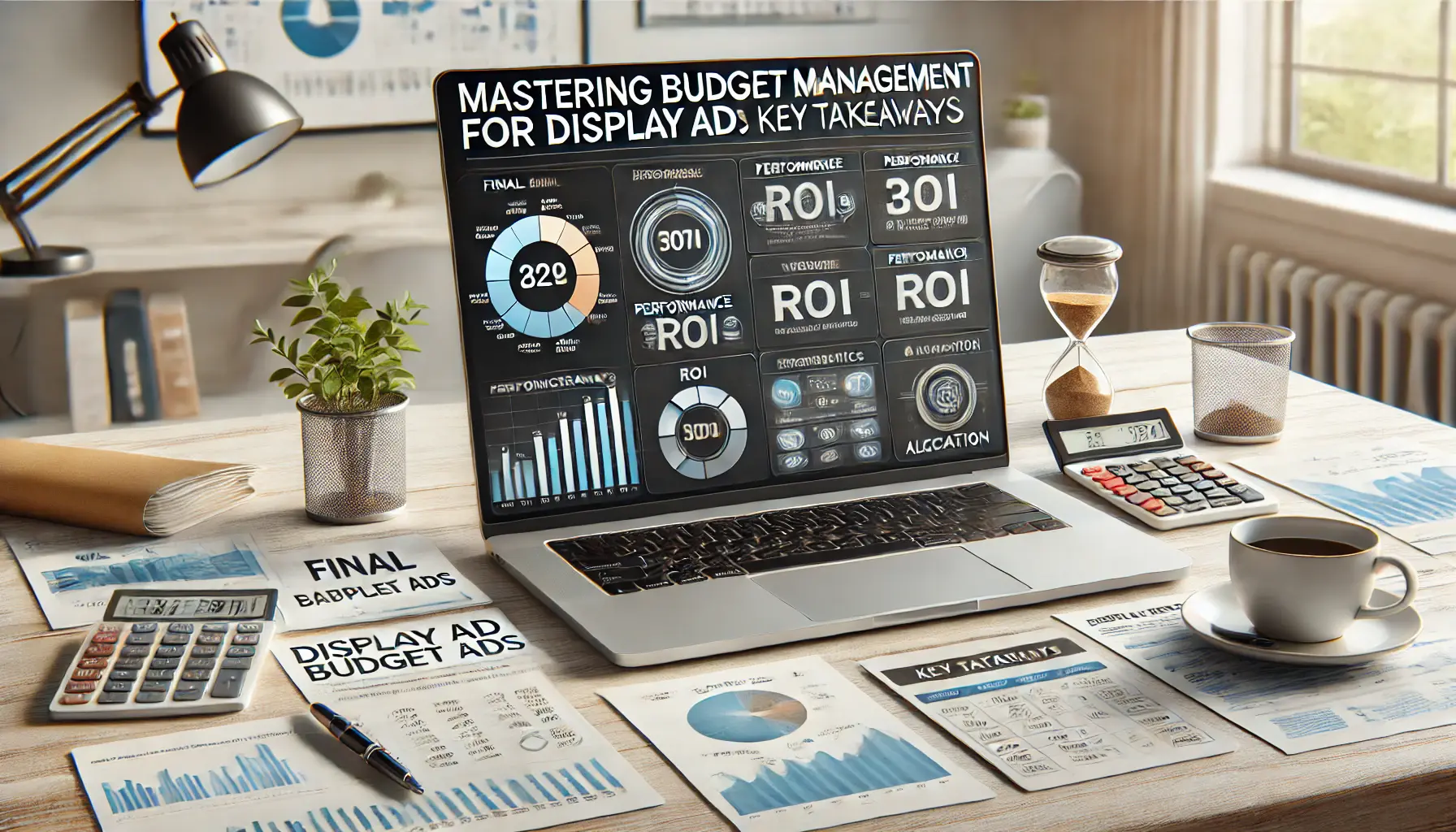 A modern workspace with a laptop displaying a comprehensive budget dashboard, showing performance metrics and ad spend allocation.