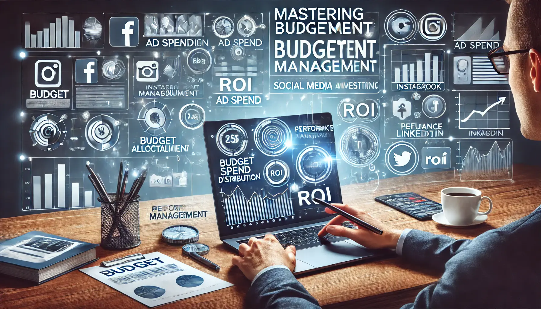 A digital illustration of a business workspace with a laptop displaying a comprehensive budget management dashboard, showing ad spend distribution, performance metrics, and return on investment (ROI). A marketing professional is making strategic adjustments, with floating graphical elements including budget allocation sliders and performance graphs.