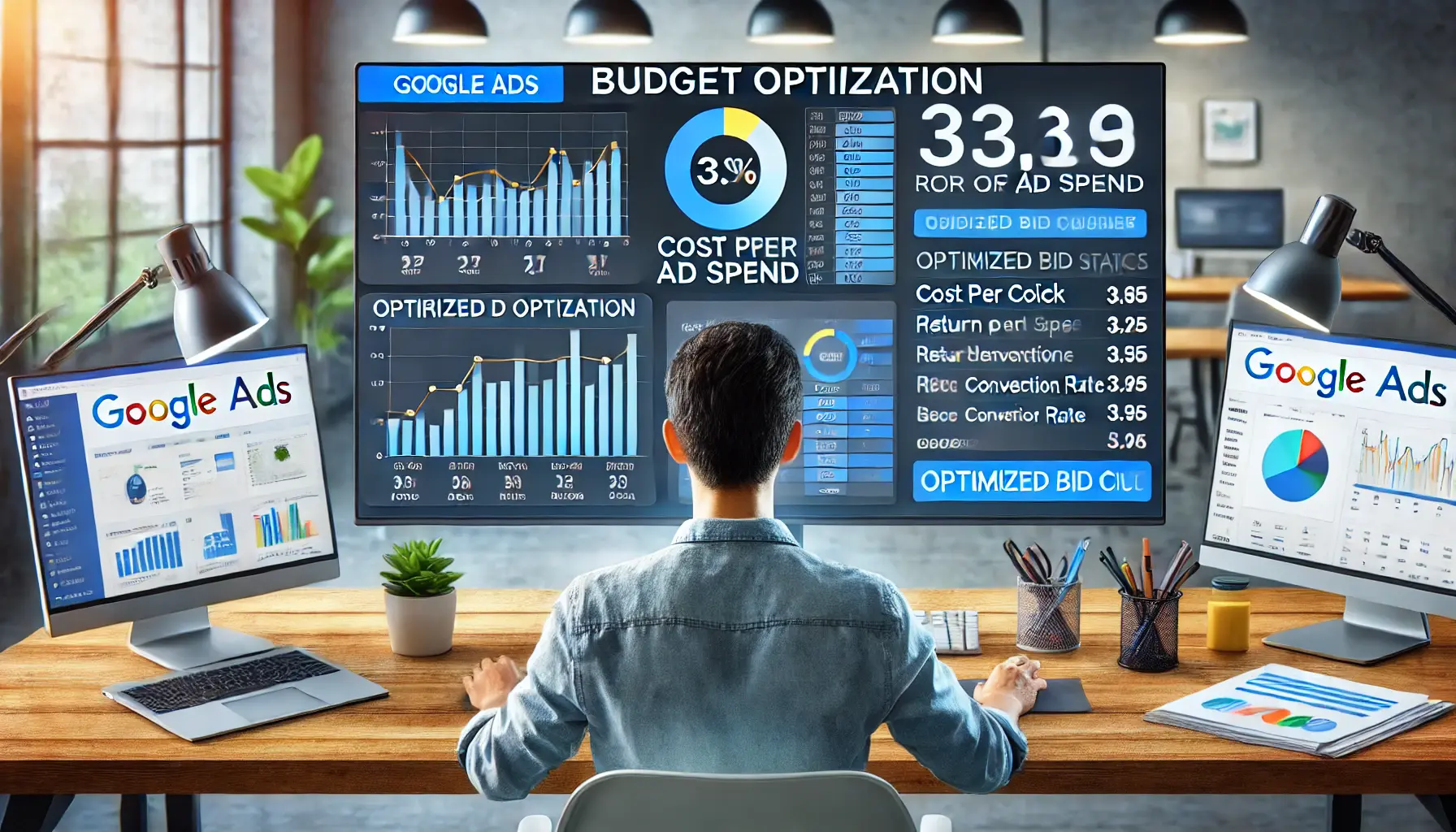 A digital marketing professional analyzing a detailed dashboard showing metrics like cost per click, return on ad spend, and conversion rate in a modern office setting.