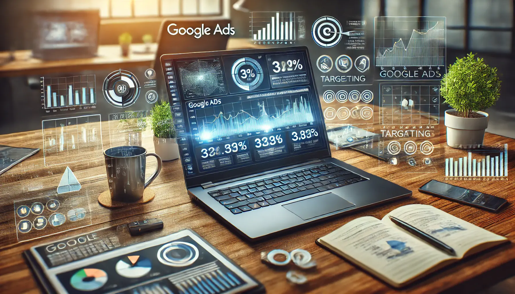 A laptop displaying an advanced Google Ads dashboard with performance graphs and targeting icons, surrounded by elements symbolizing campaign management.