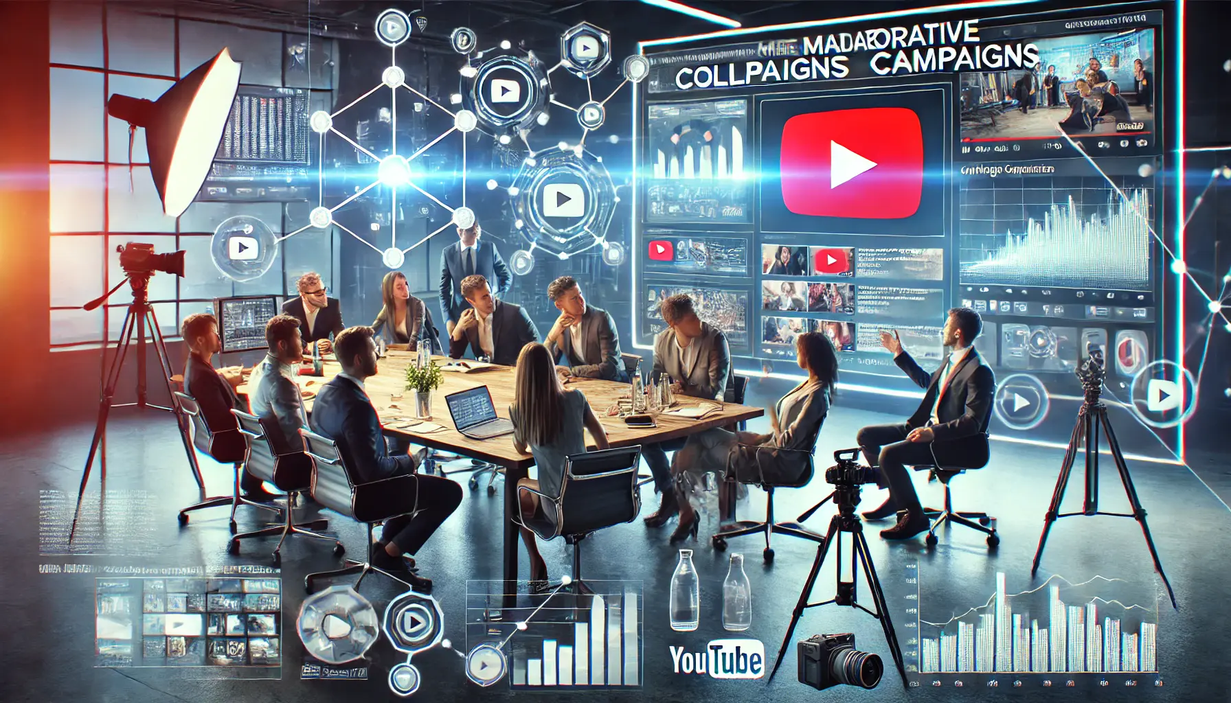 Image of a creative team collaborating with a digital screen displaying campaign analytics and video thumbnails in a modern office.