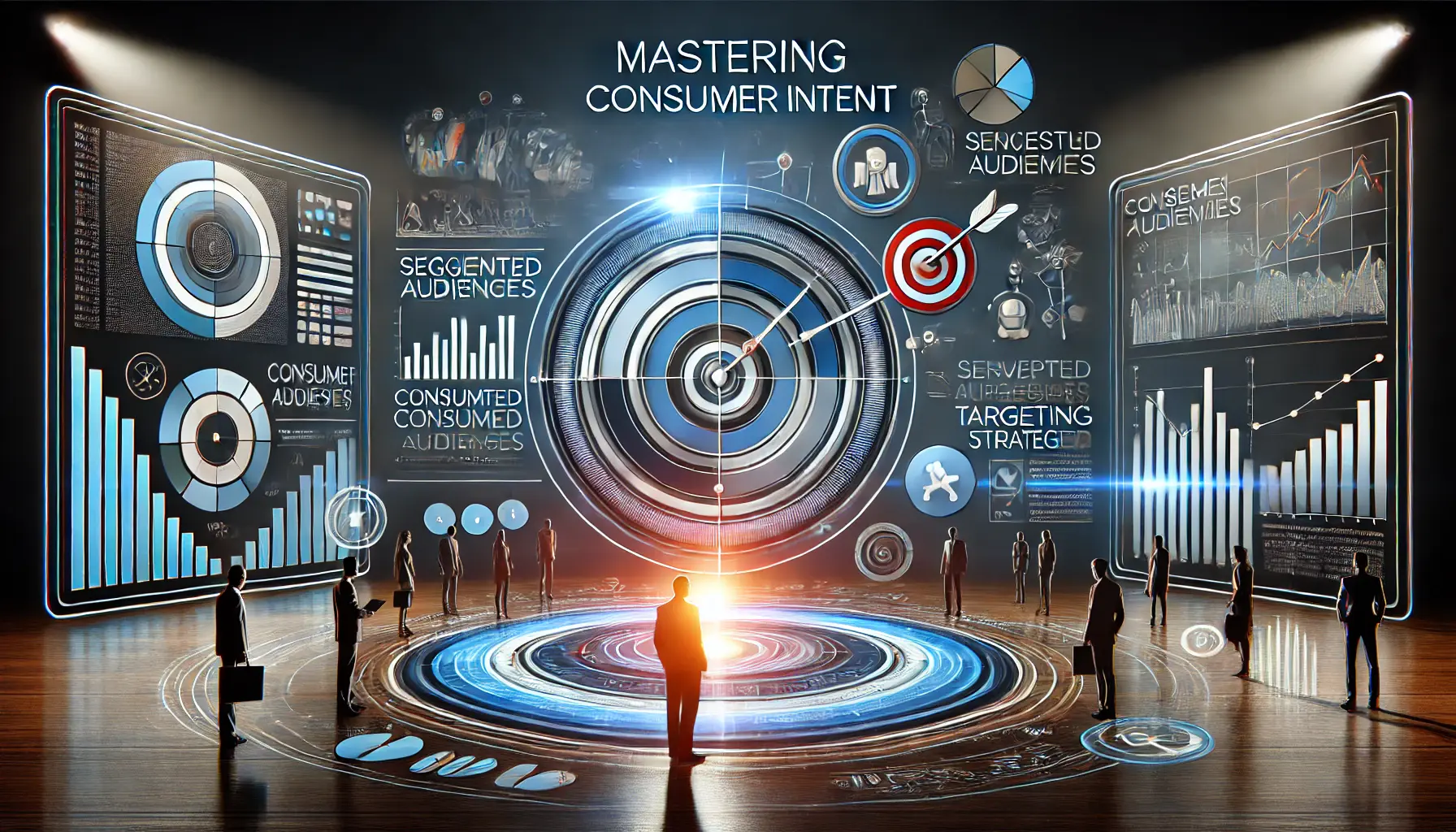 Abstract image showing a digital interface with consumer behavior analytics, segmented audiences, and performance graphs.